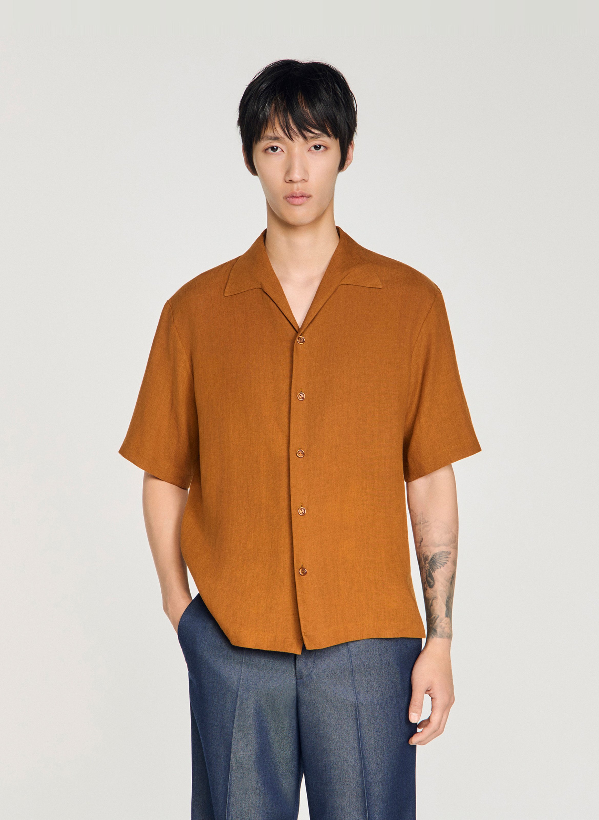 Chemise droite col cubain en lin SANDRO Marron