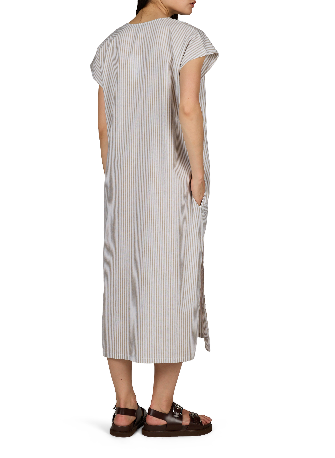 Langes gestreiftes Kleid mit Taschen und V-Ausschnitt aus Baumwolle. LAURENCE TAVERNIER Grun