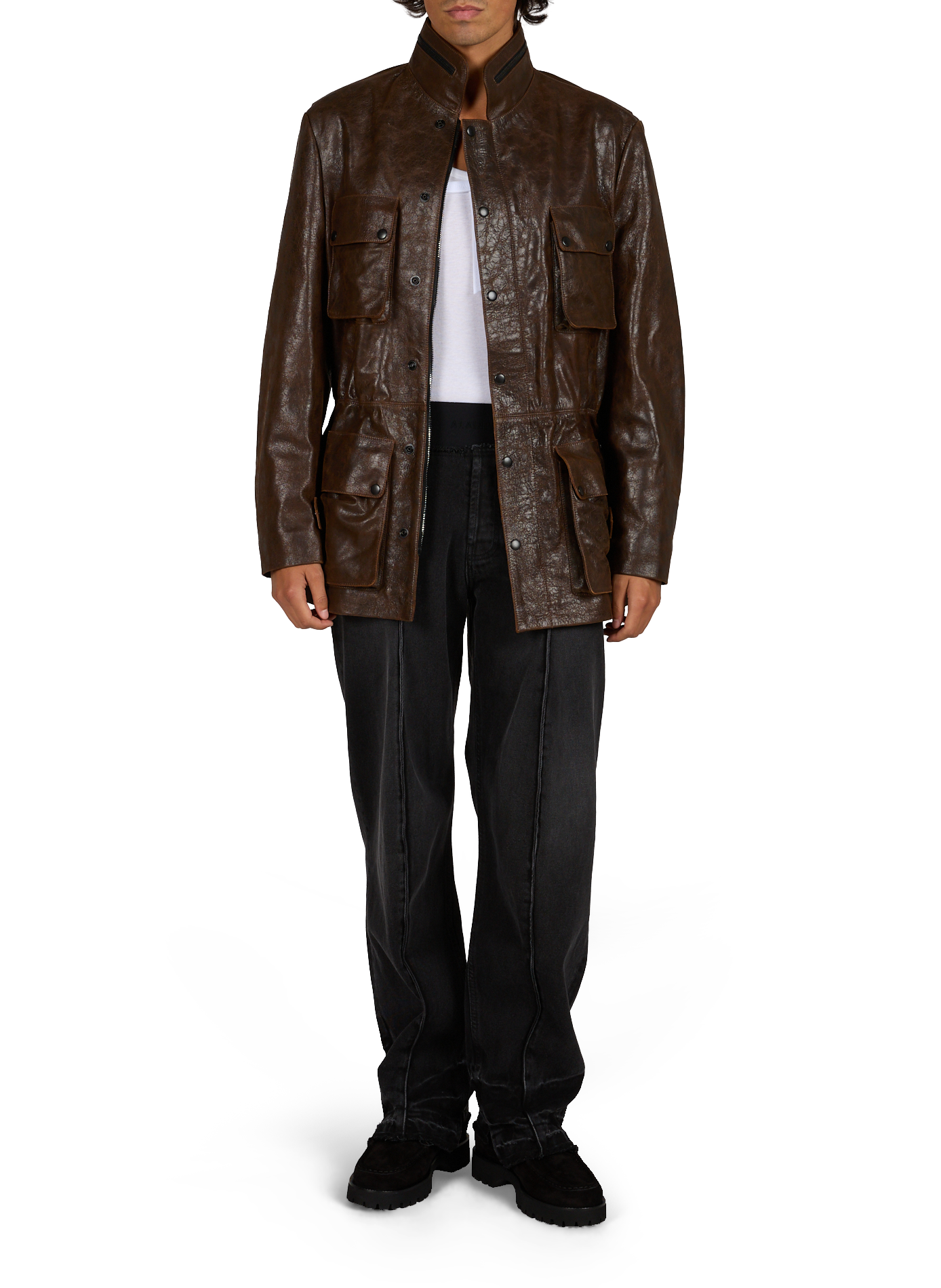 Veste col montant en cuir  ALAINPAUL Marron