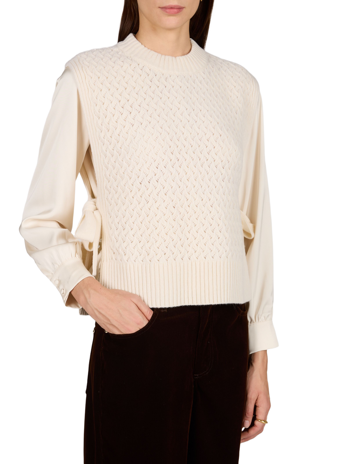 Miyoko round neck merino wool sweater with openwork and tied detail. PETITE MENDIGOTE Beige