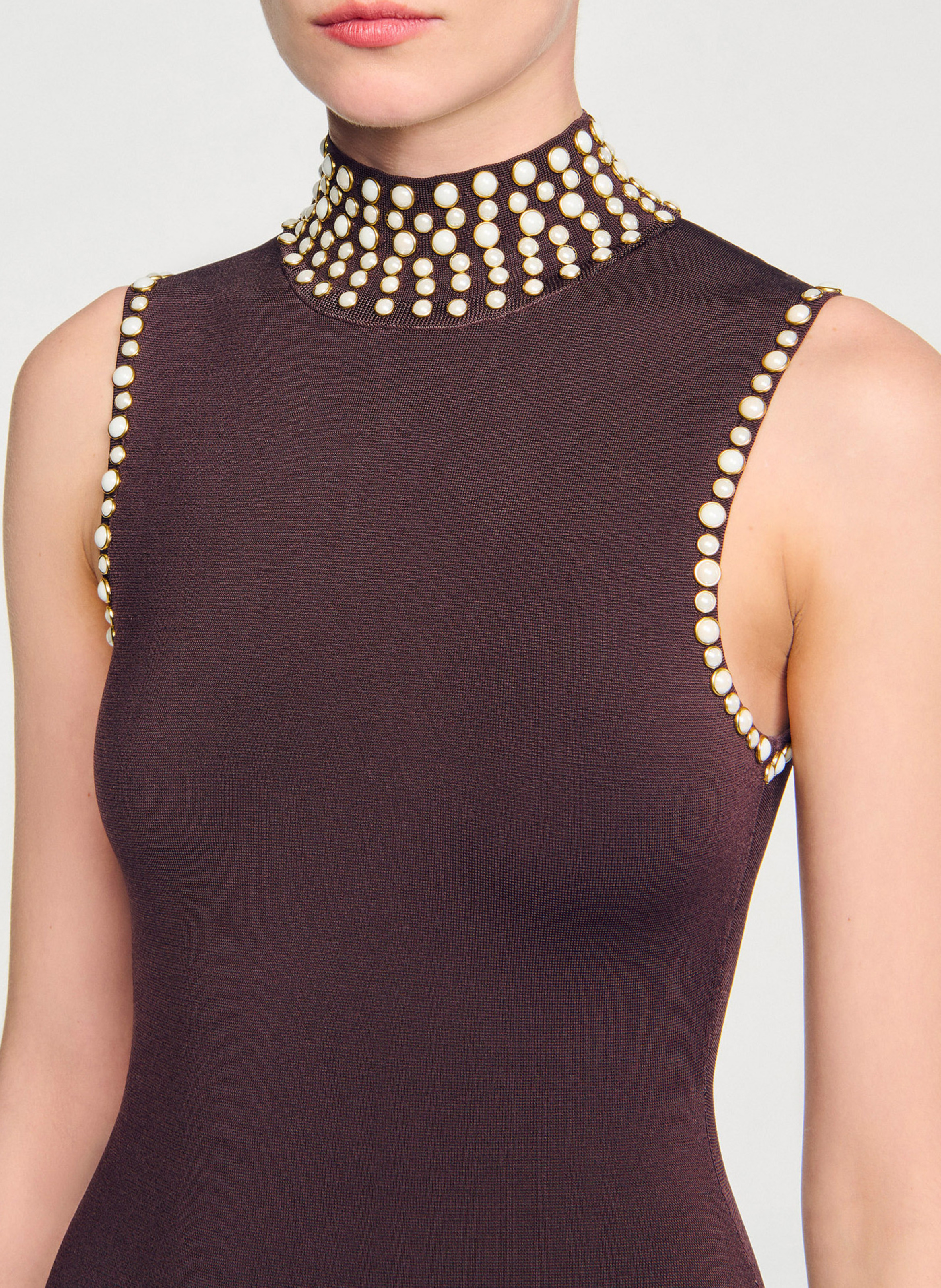 Robe midi moulante col montant SANDRO Marron