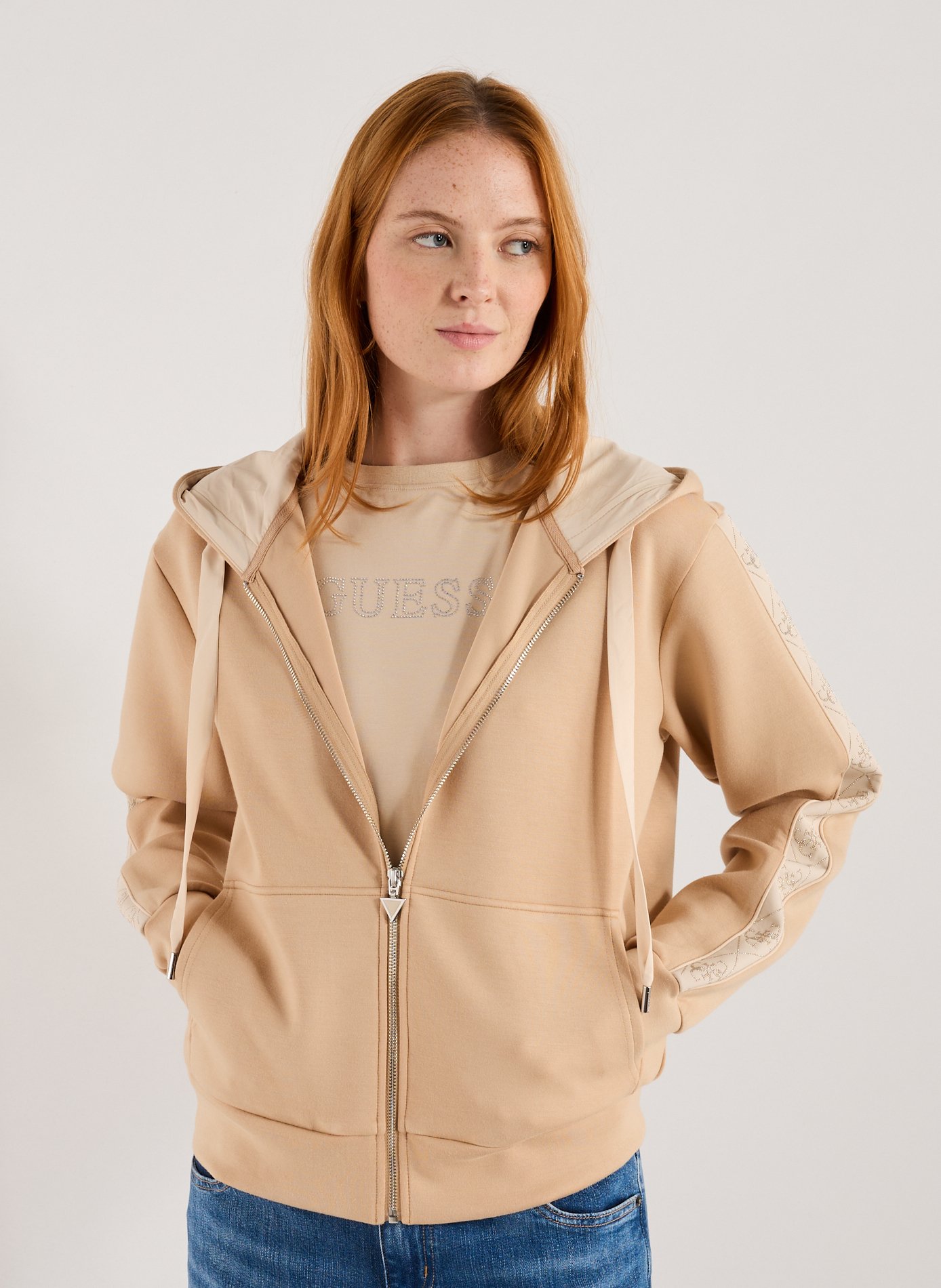 GUESS Neoprene Zip-Up Hoodie Beige
