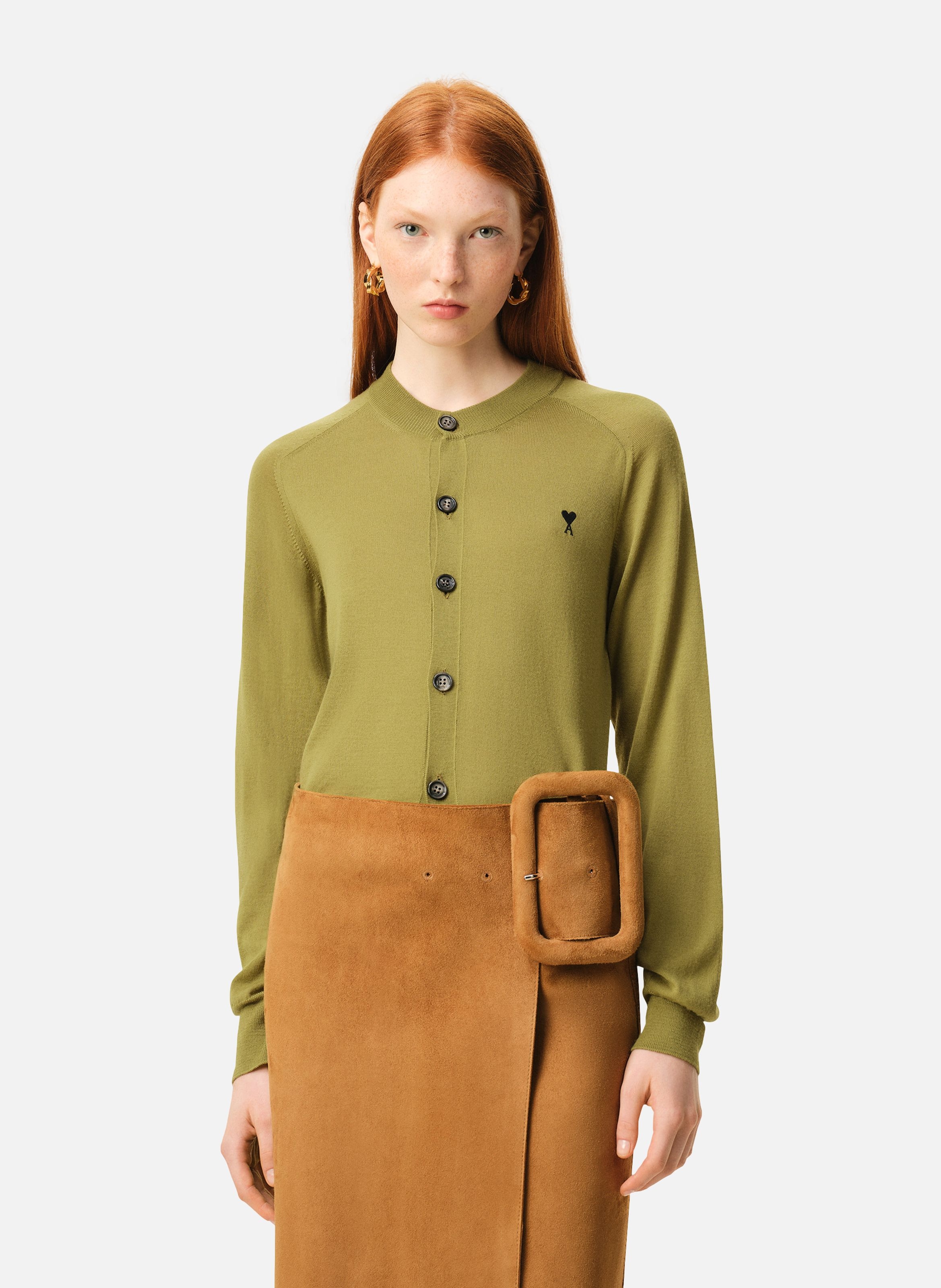 Cardigan col rond avec ami de coeur en laine AMI PARIS Vert