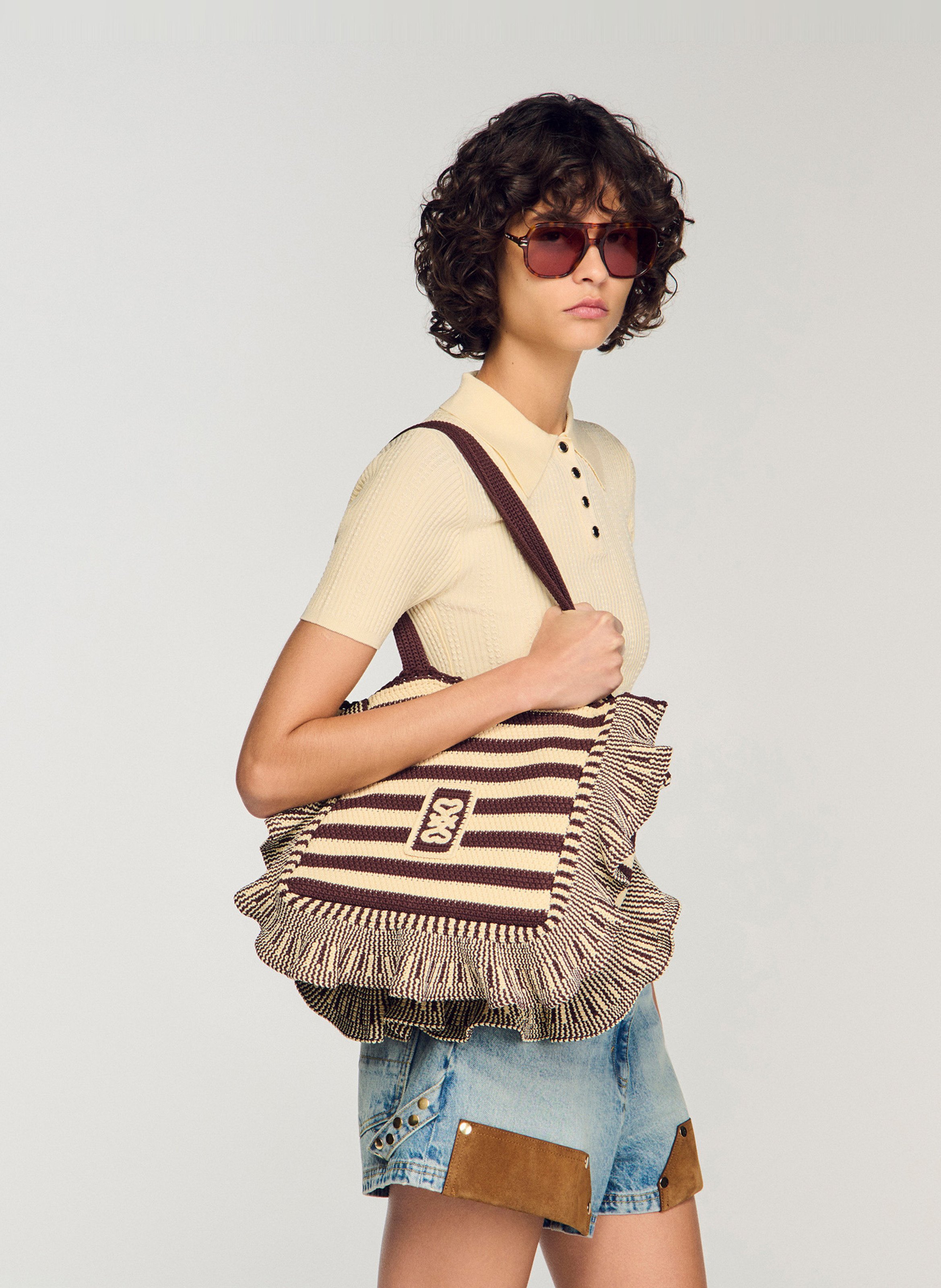 Cabas en maille crochet rayée SANDRO Beige
