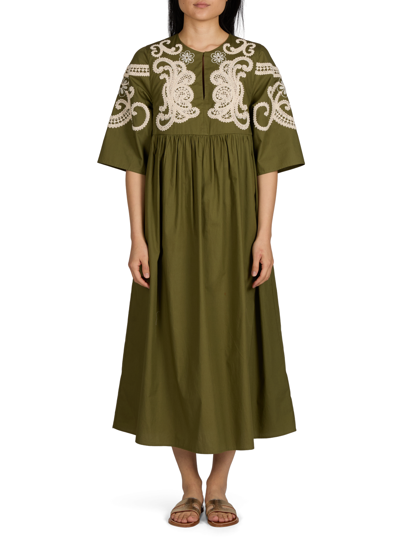 Oversized embroidered long cotton dress MAX MARA WEEK END Khaki