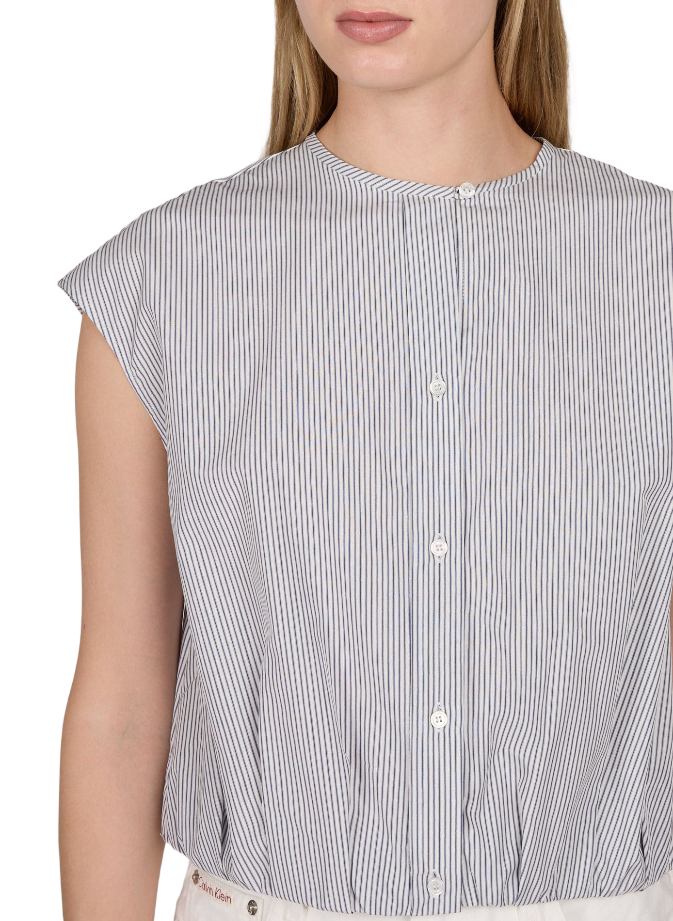 Gestreiftes Blusenhemd mit Plisseefalten am Saum aus Baumwolle. MAX MARA WEEK END Blau