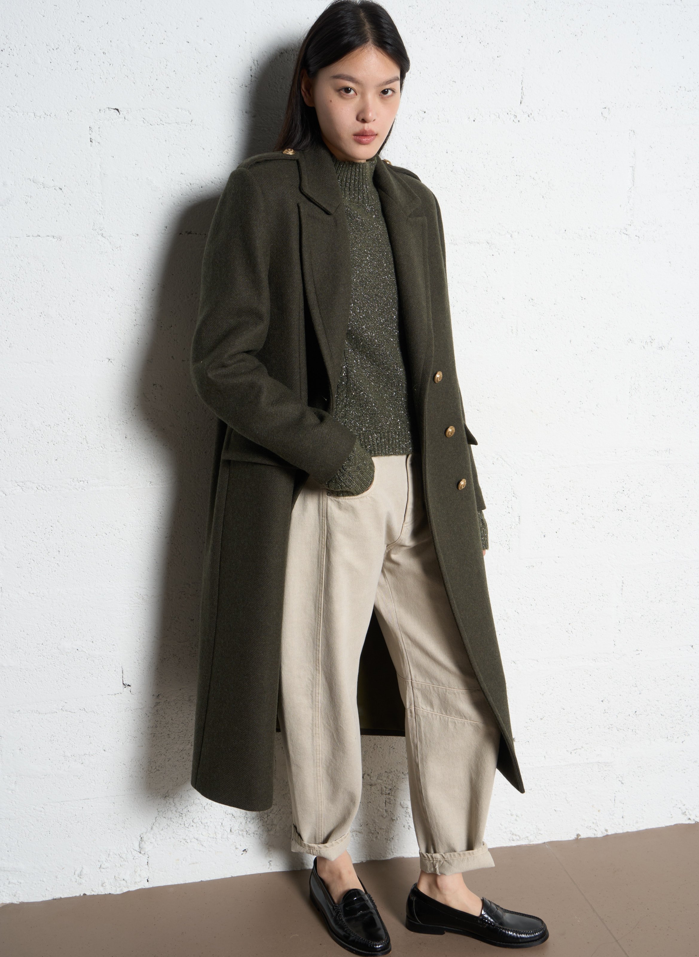 Manteau droit en laine mélangée IKKS Kaki