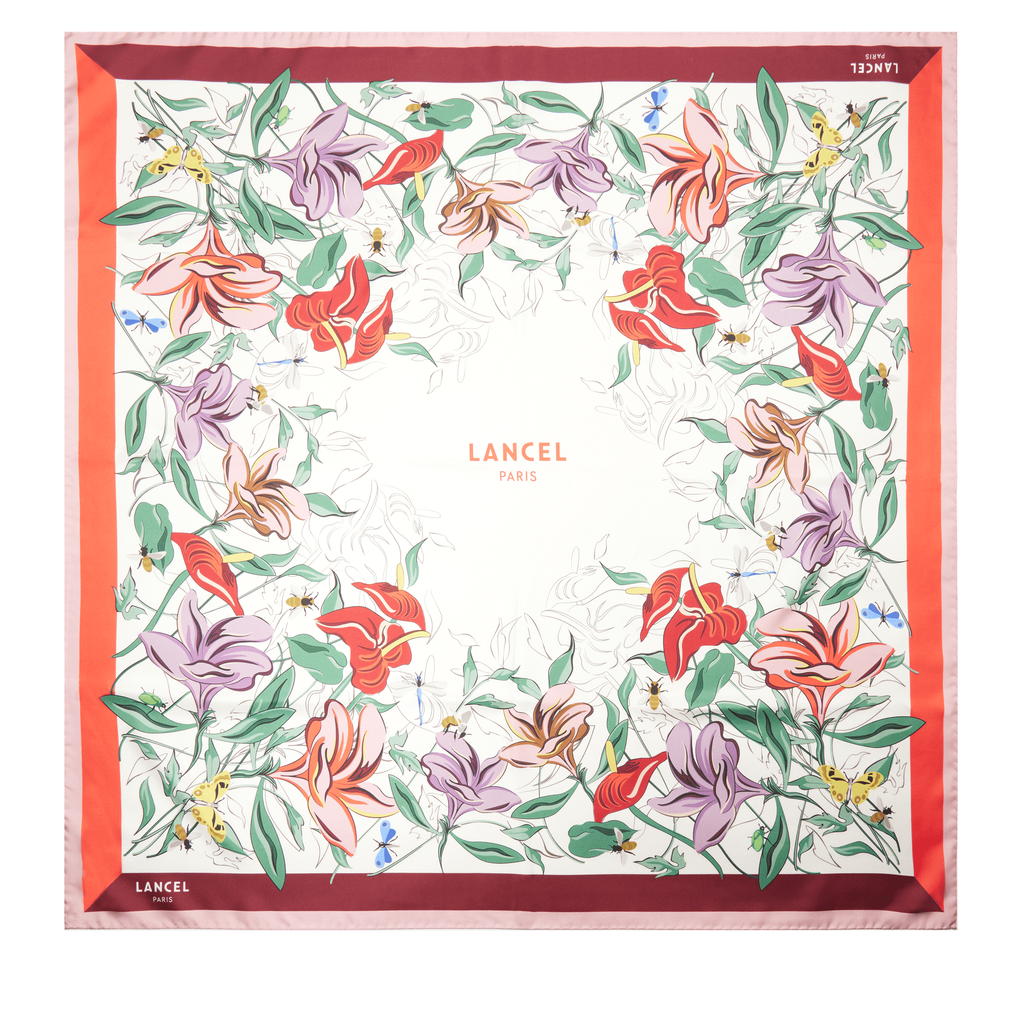 Carré de soie 90 cm motif tutti fleuri en soie LANCEL Rouge