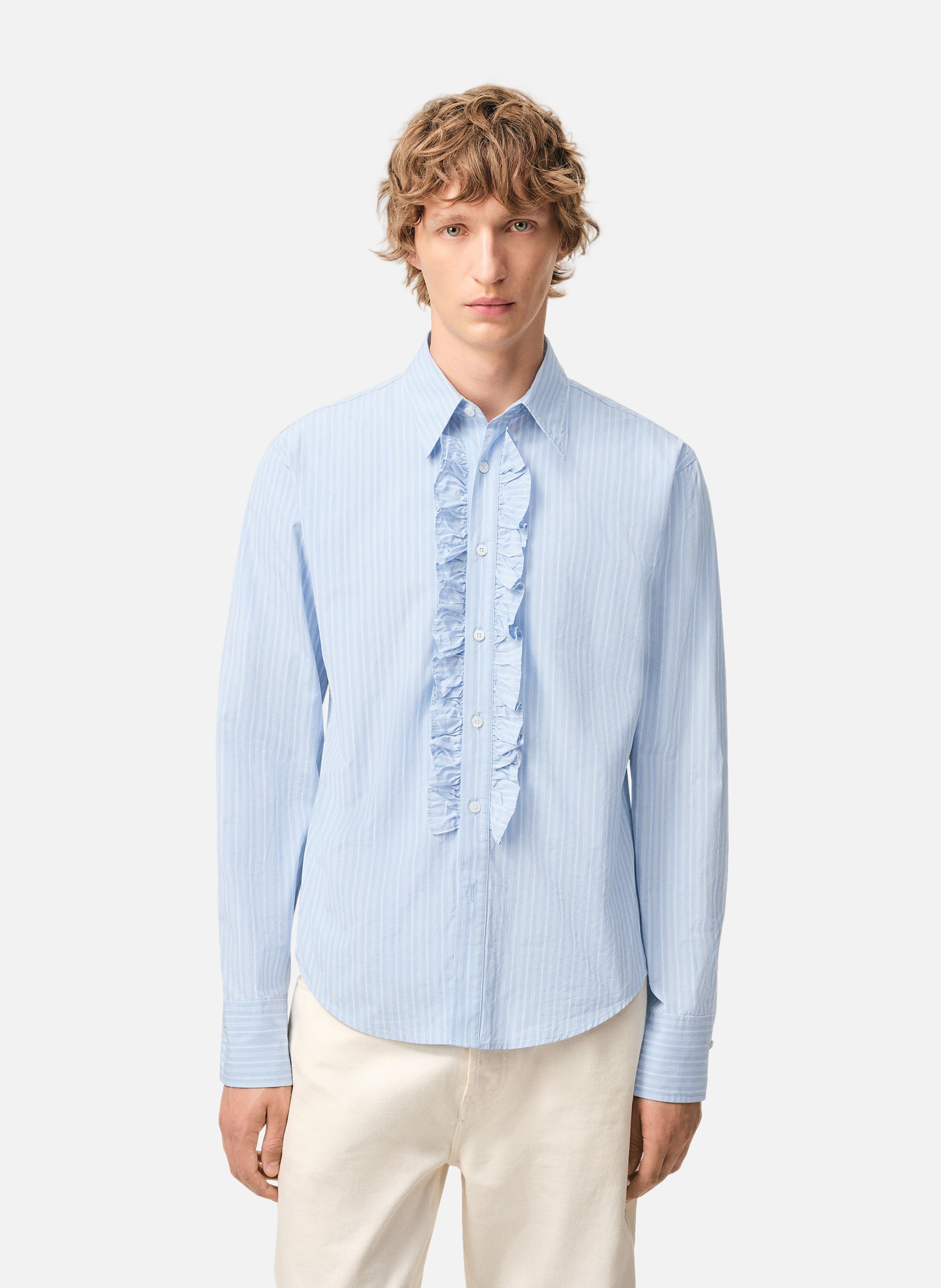 Chemise jabot ajustée manches longues en coton AMI PARIS Bleu