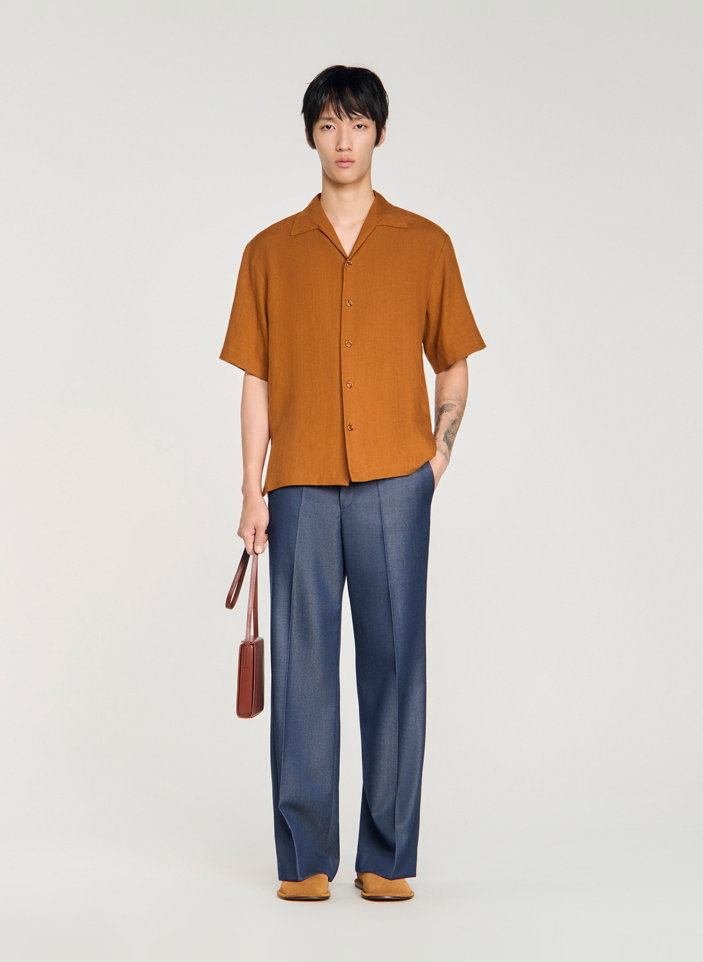 Chemise droite col cubain en lin SANDRO Marron