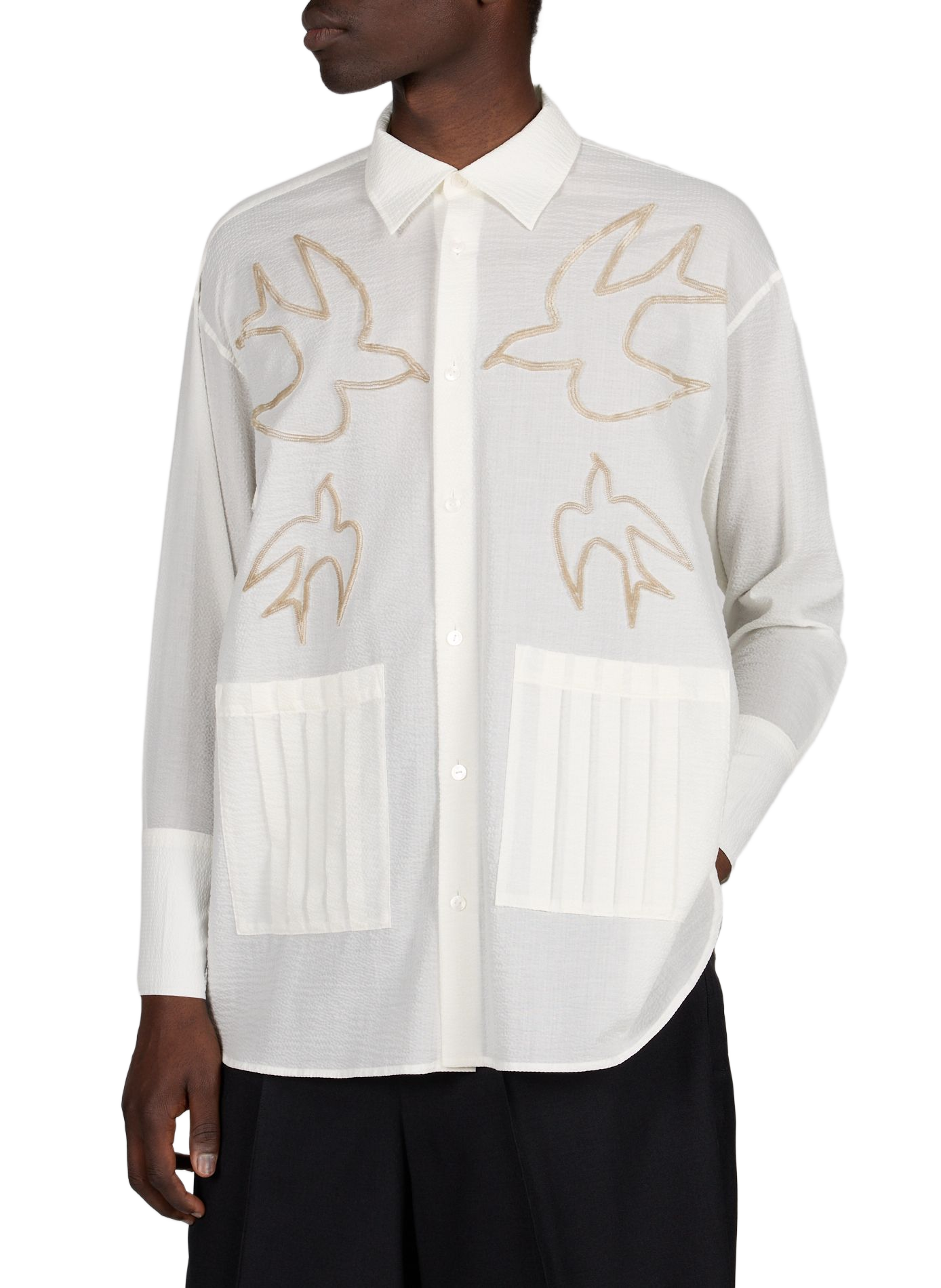 Loose fit classic collar shirt embroidered in seersucker fabric WANSIE White