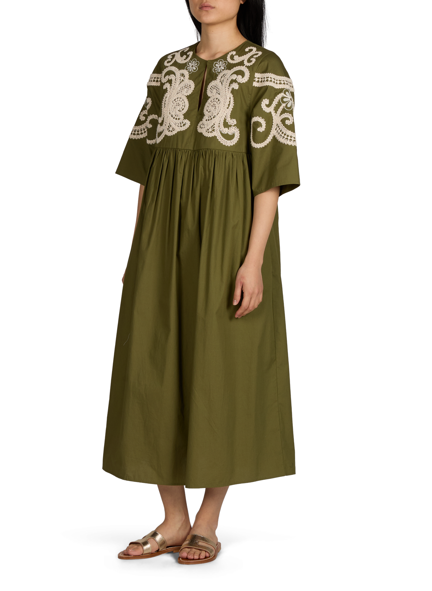 Oversized embroidered long cotton dress MAX MARA WEEK END Khaki