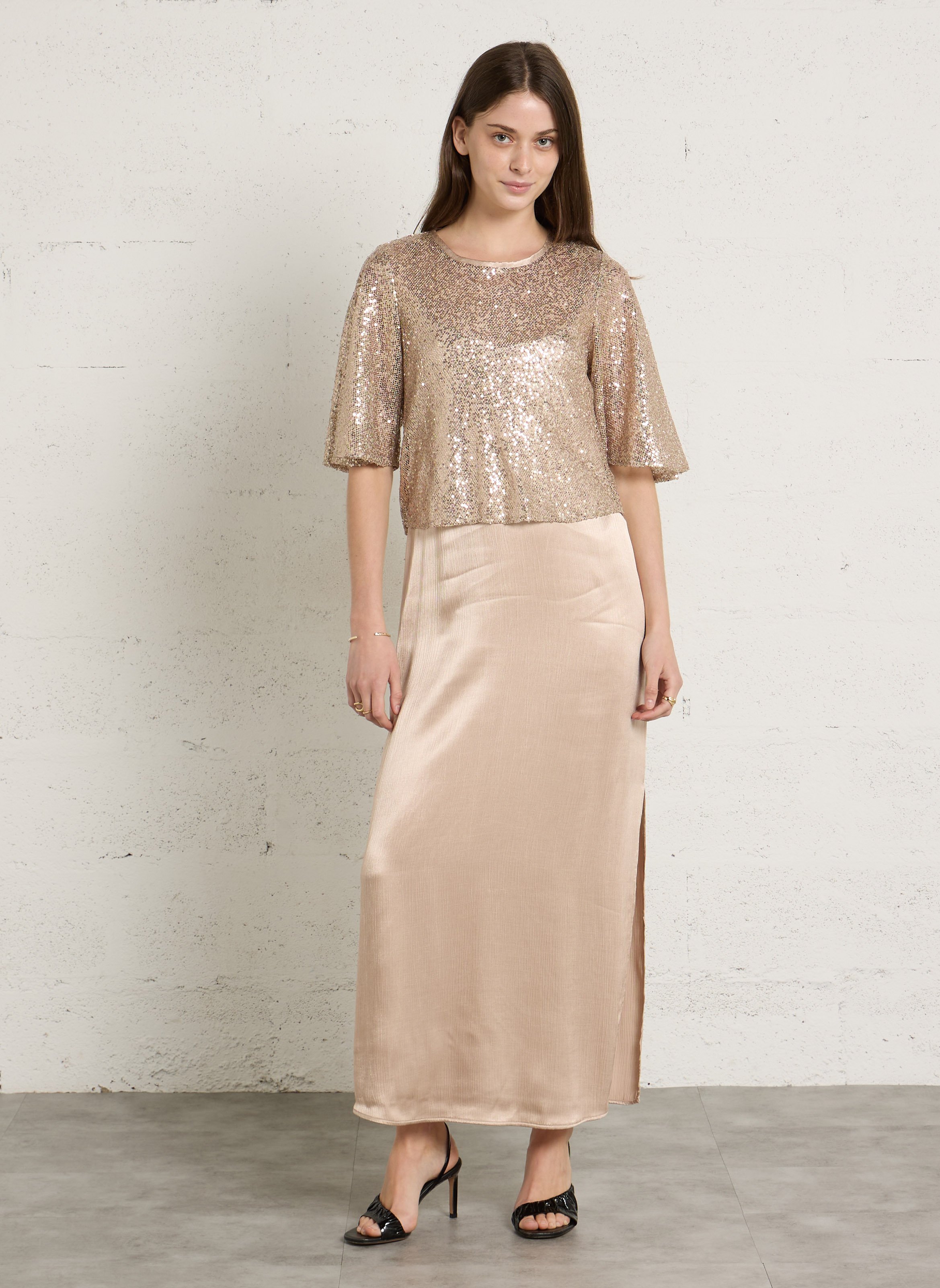 Robe longue col rond à sequins brillante MAISON 123 Blanc