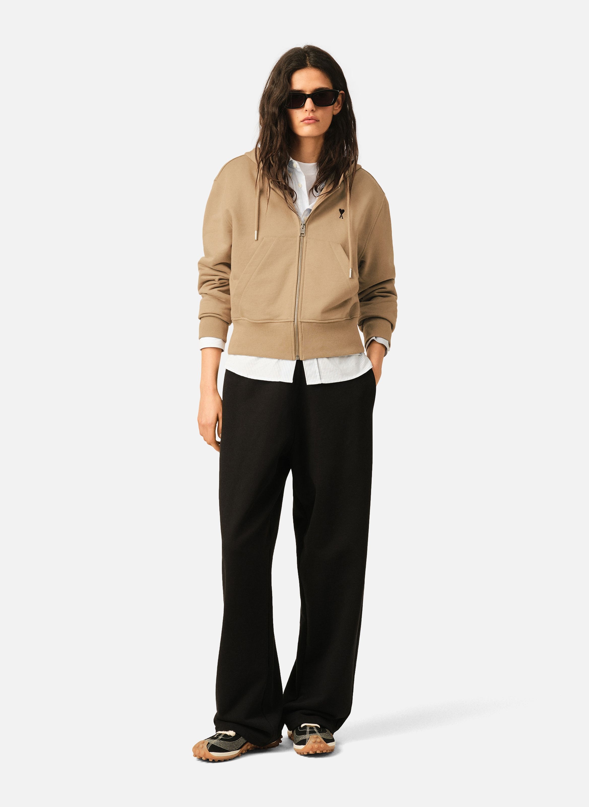 Hoodie zippé en coton ami de coeur AMI PARIS Beige