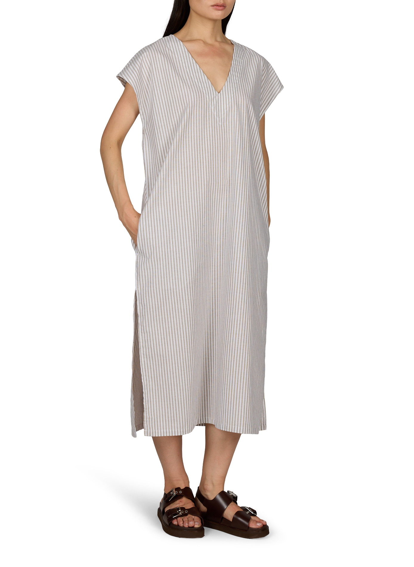 Langes gestreiftes Kleid mit Taschen und V-Ausschnitt aus Baumwolle. LAURENCE TAVERNIER Grun