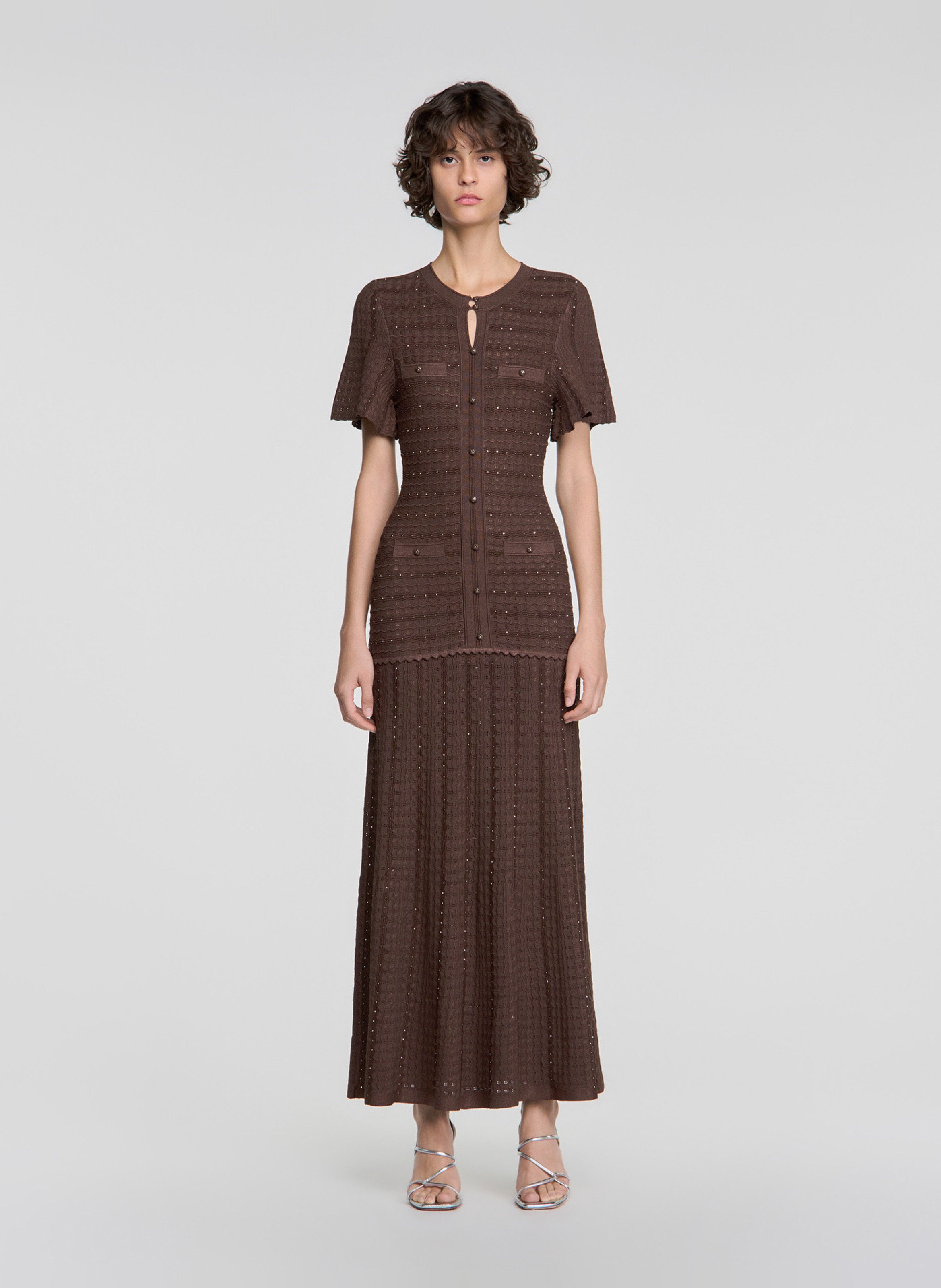 Robe longue col rond évasée SANDRO Marron