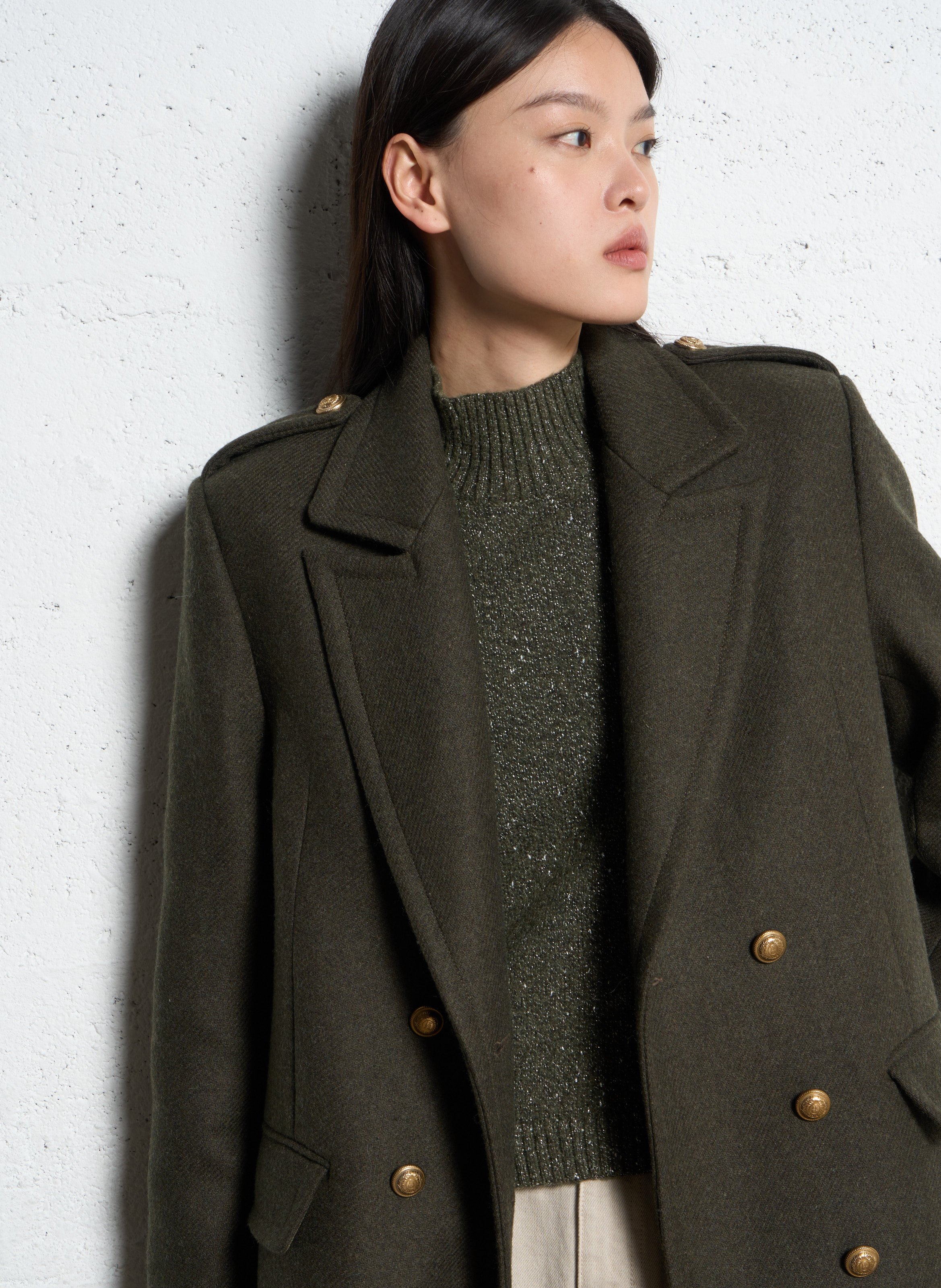 Manteau droit en laine mélangée IKKS Kaki