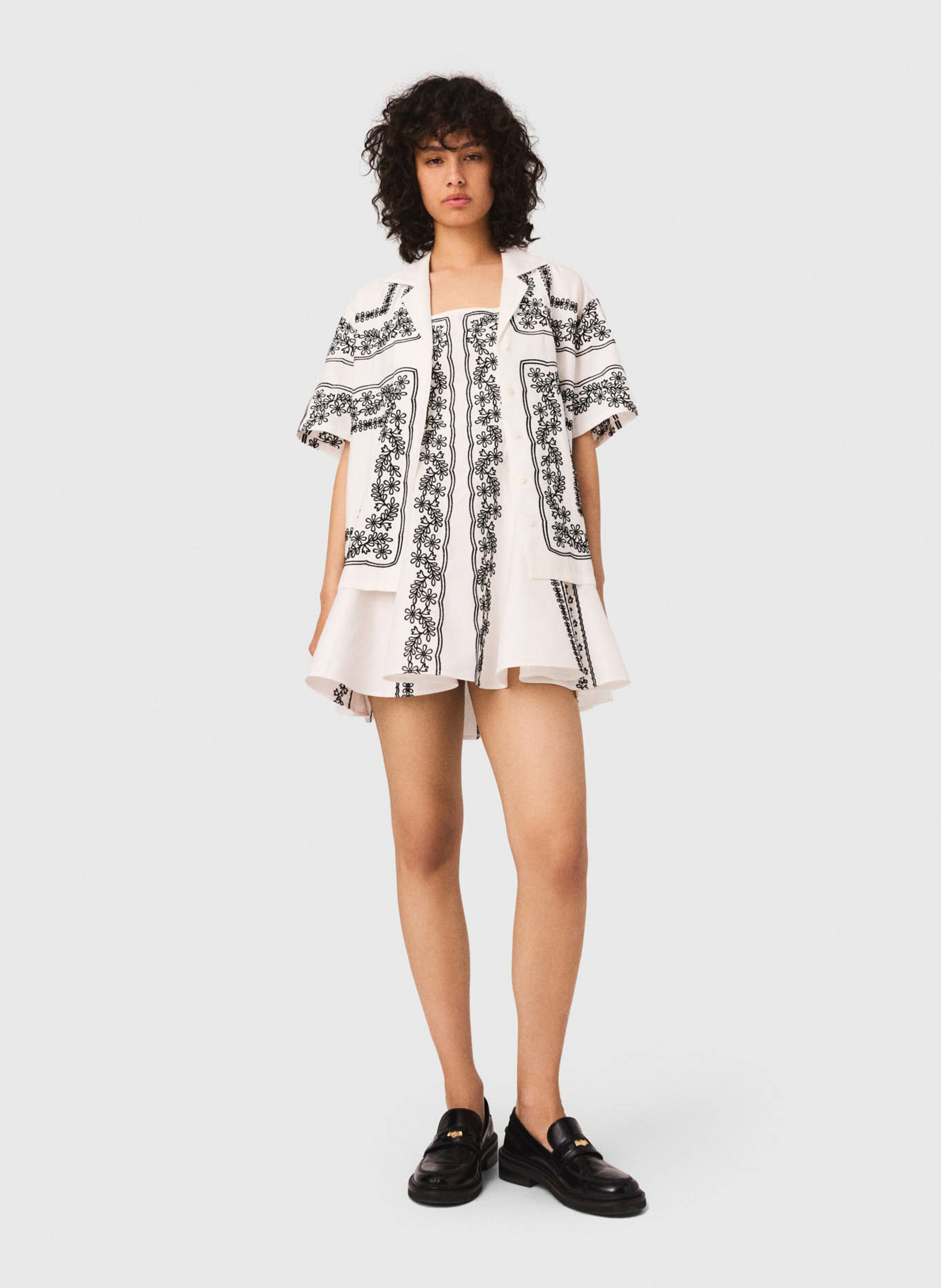 Chemise oversize en lin mélangé brodé MAJE Beige