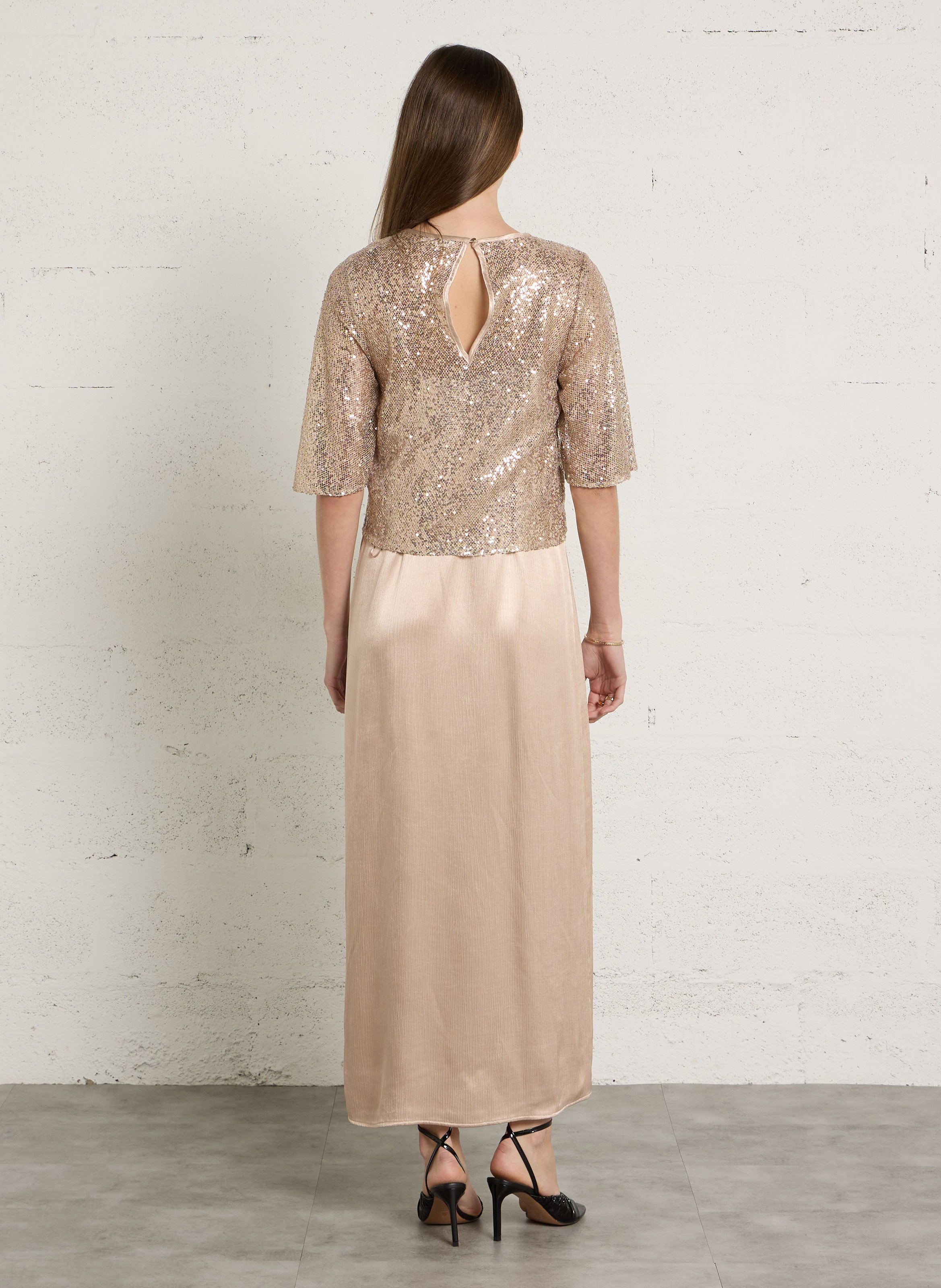 Robe longue col rond à sequins brillante MAISON 123 Blanc