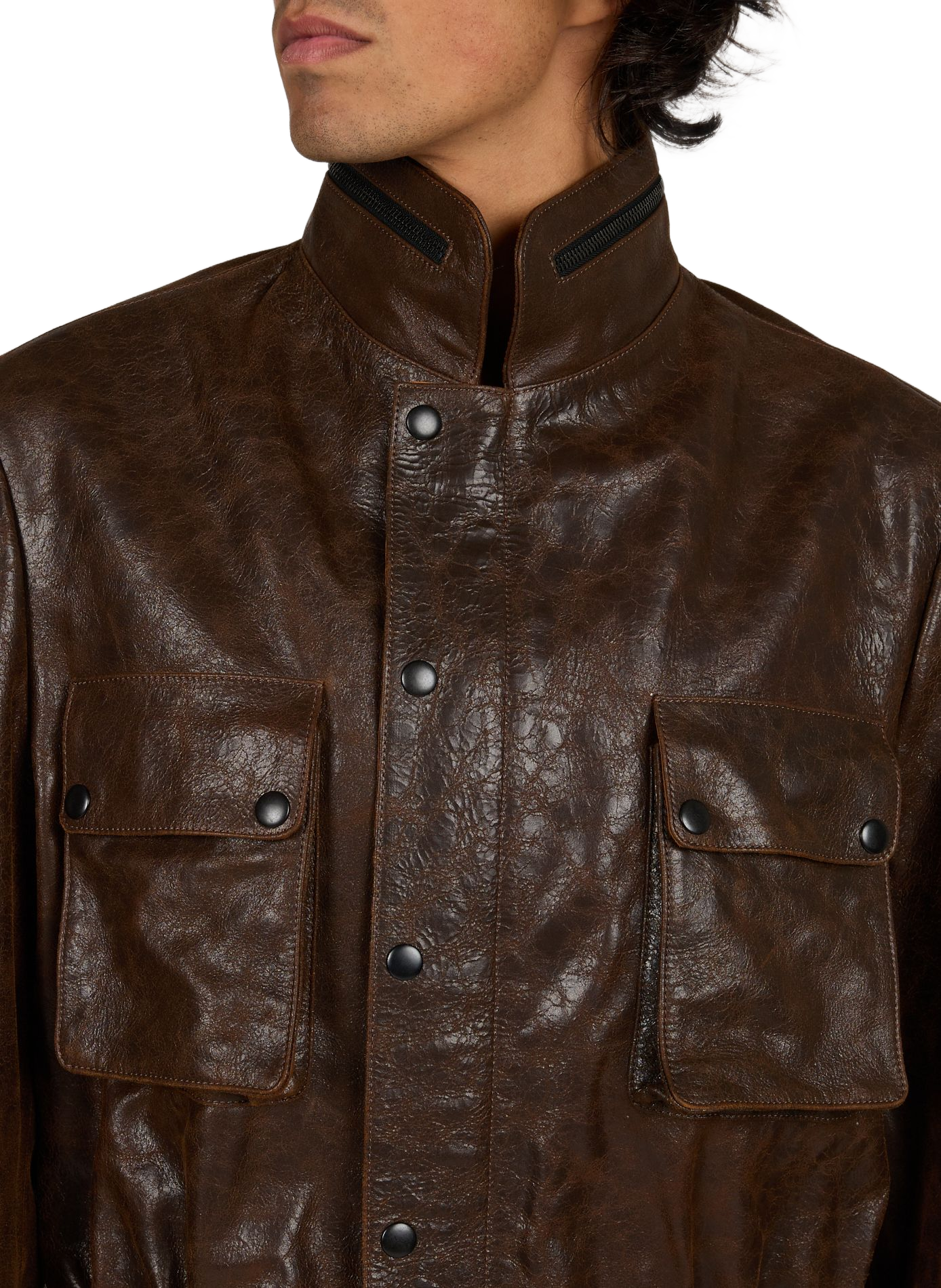 Veste col montant en cuir  ALAINPAUL Marron