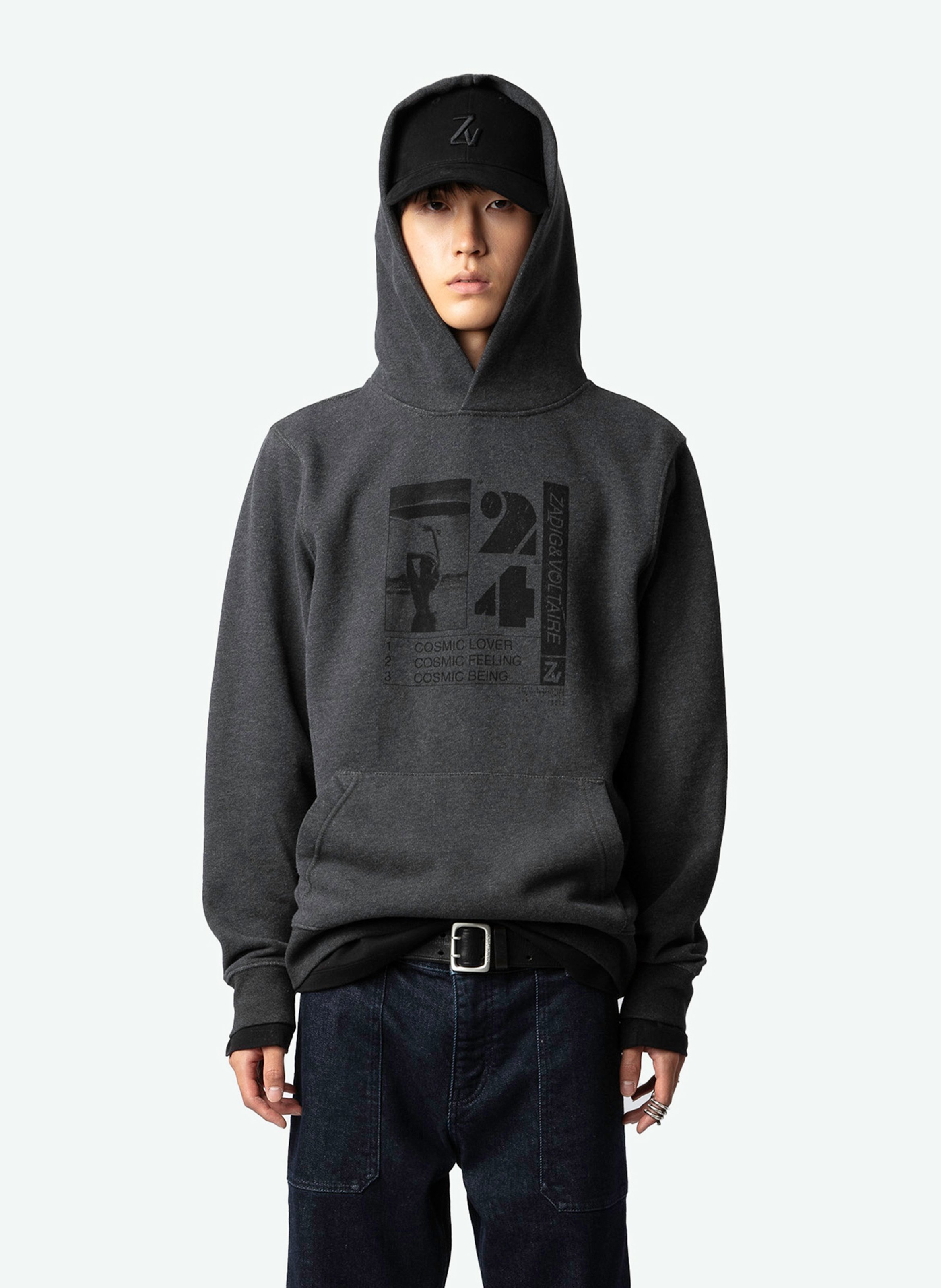 Sweat à capuche droit en coton bio mélangé sérigraphié sanchi ZADIG&VOLTAIRE Gris