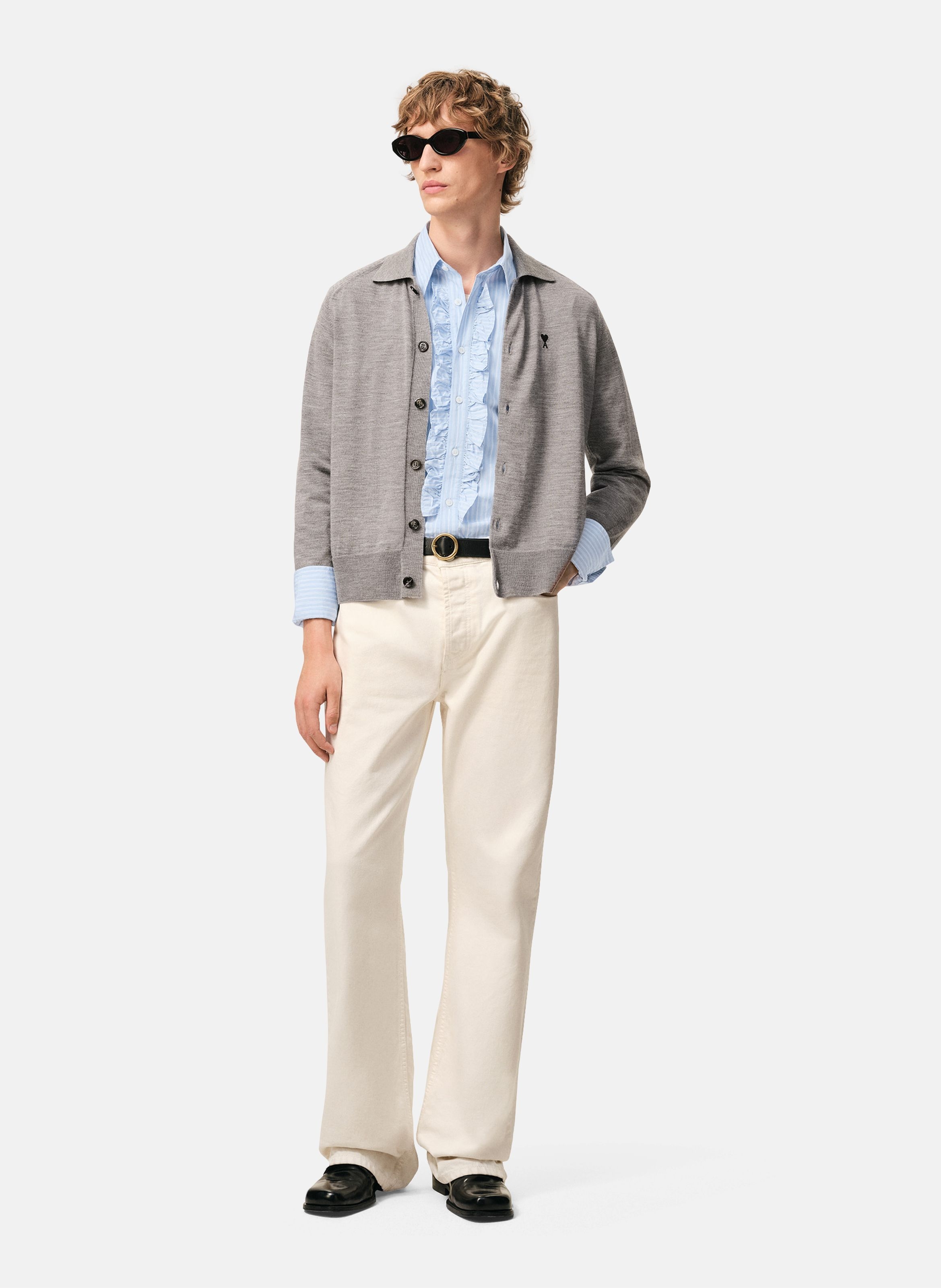 Chemise jabot ajustée manches longues en coton AMI PARIS Bleu