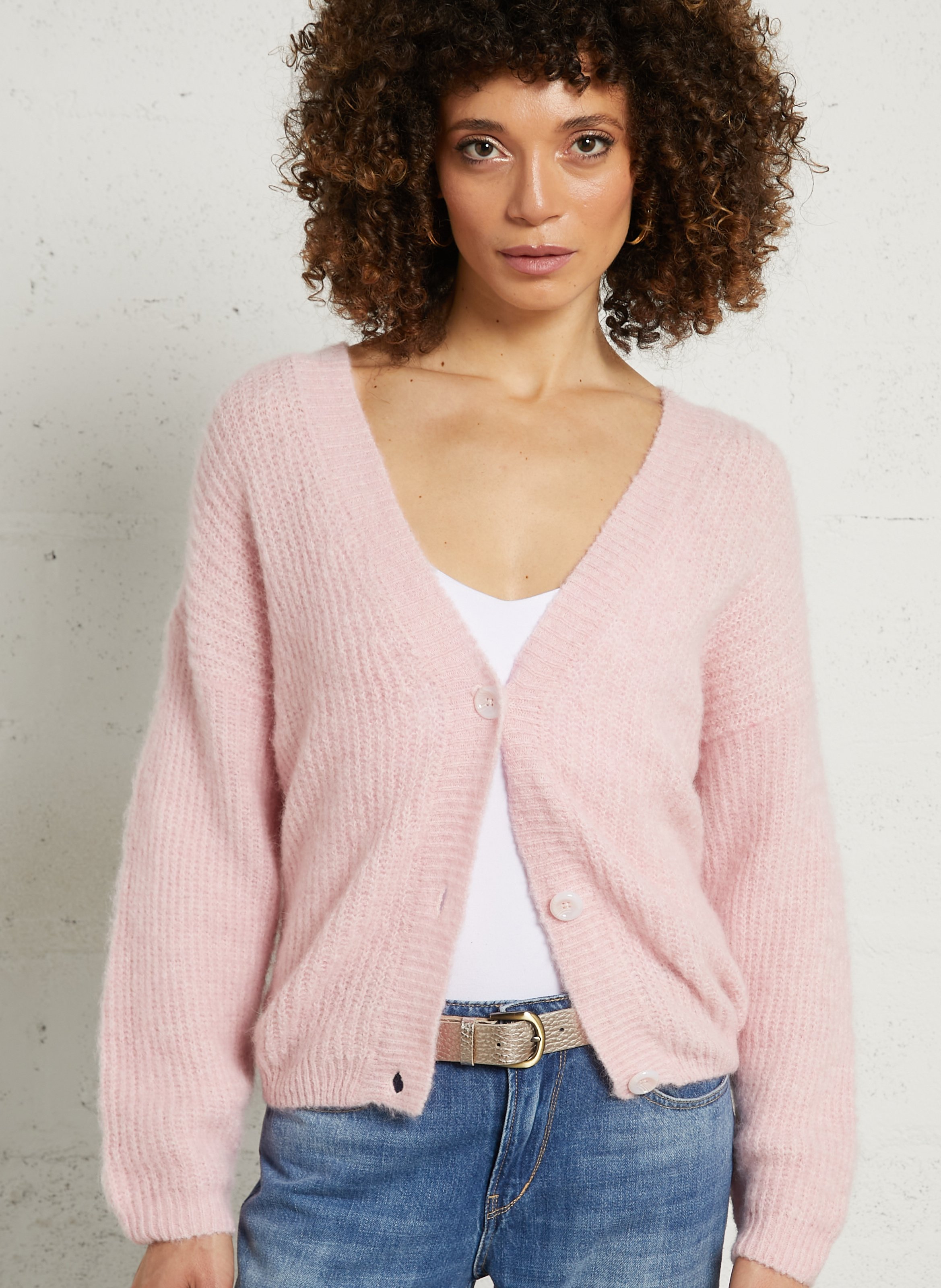 Gilet ample col v en maille mélangée east AMERICAN VINTAGE Rose