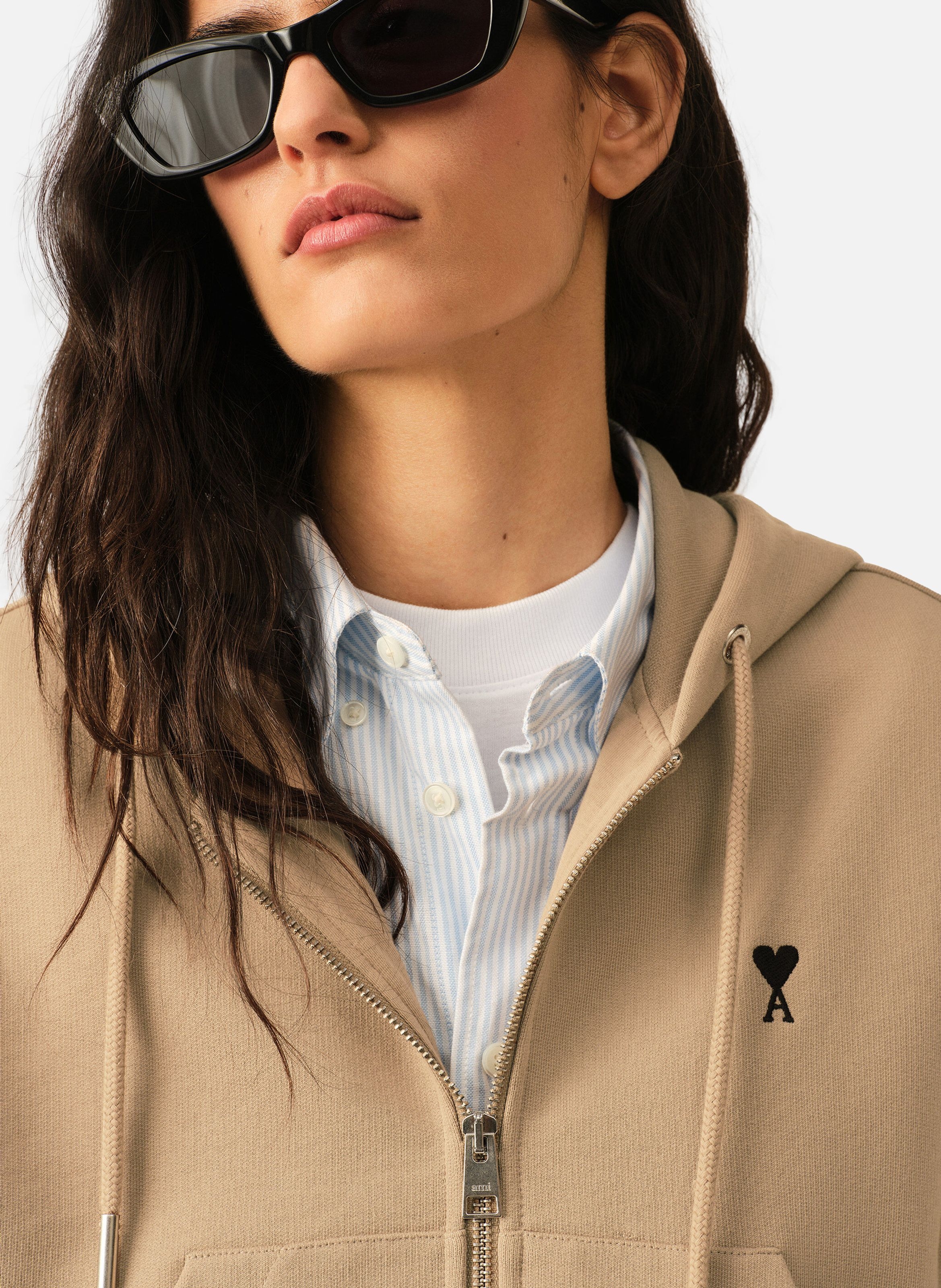 Hoodie zippé en coton ami de coeur AMI PARIS Beige