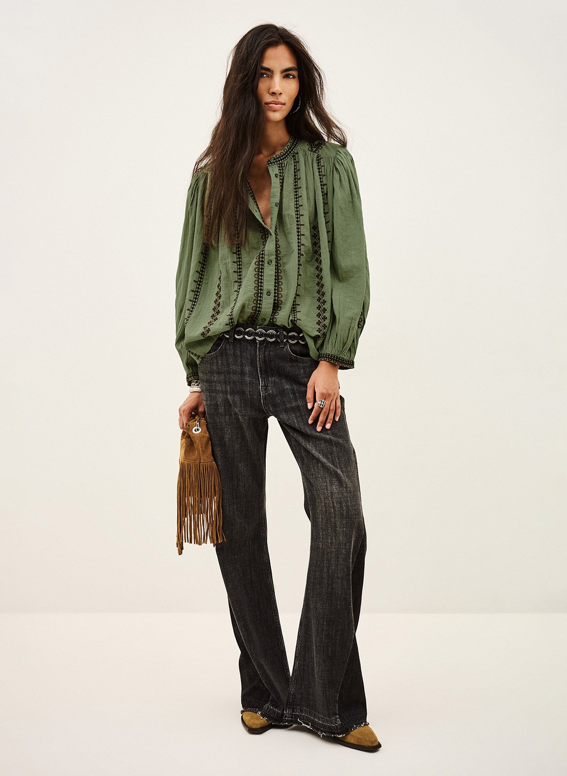 Oversized blouse met ronde hals en geborduurd katoen mona. | Groen BA&SH Dames