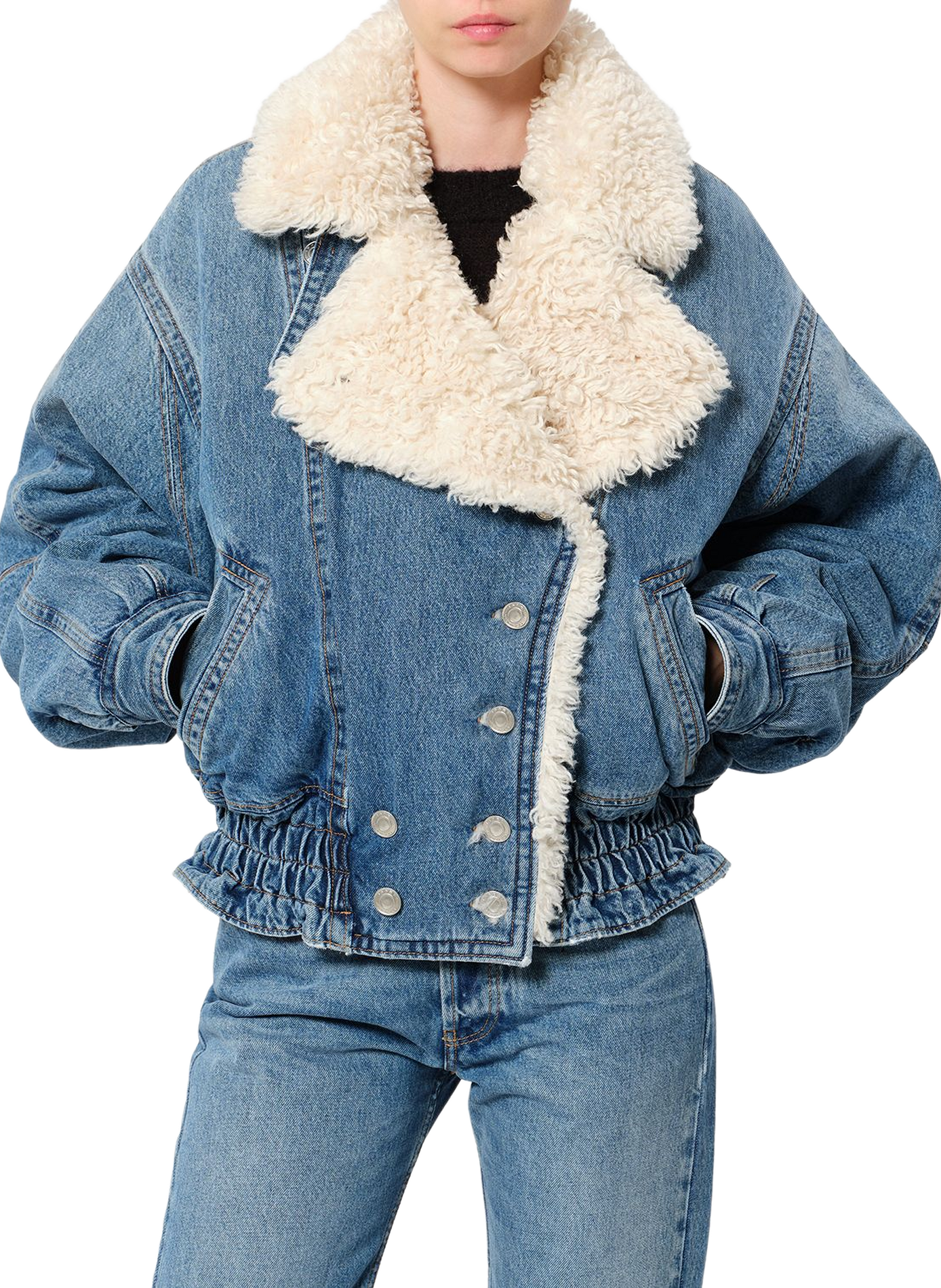 VALINEO denim cotton jacket with shearling collar ISABEL MARANT Blue