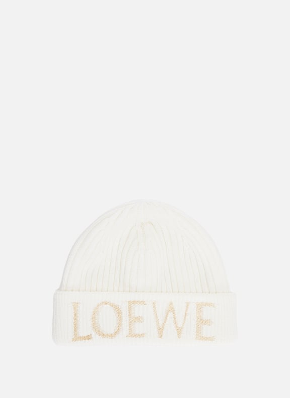 Bonnet à broderies en laine côtelée Blanc by LOEWE LOEWE Bonnet à broderies en laine côtelée Blanc