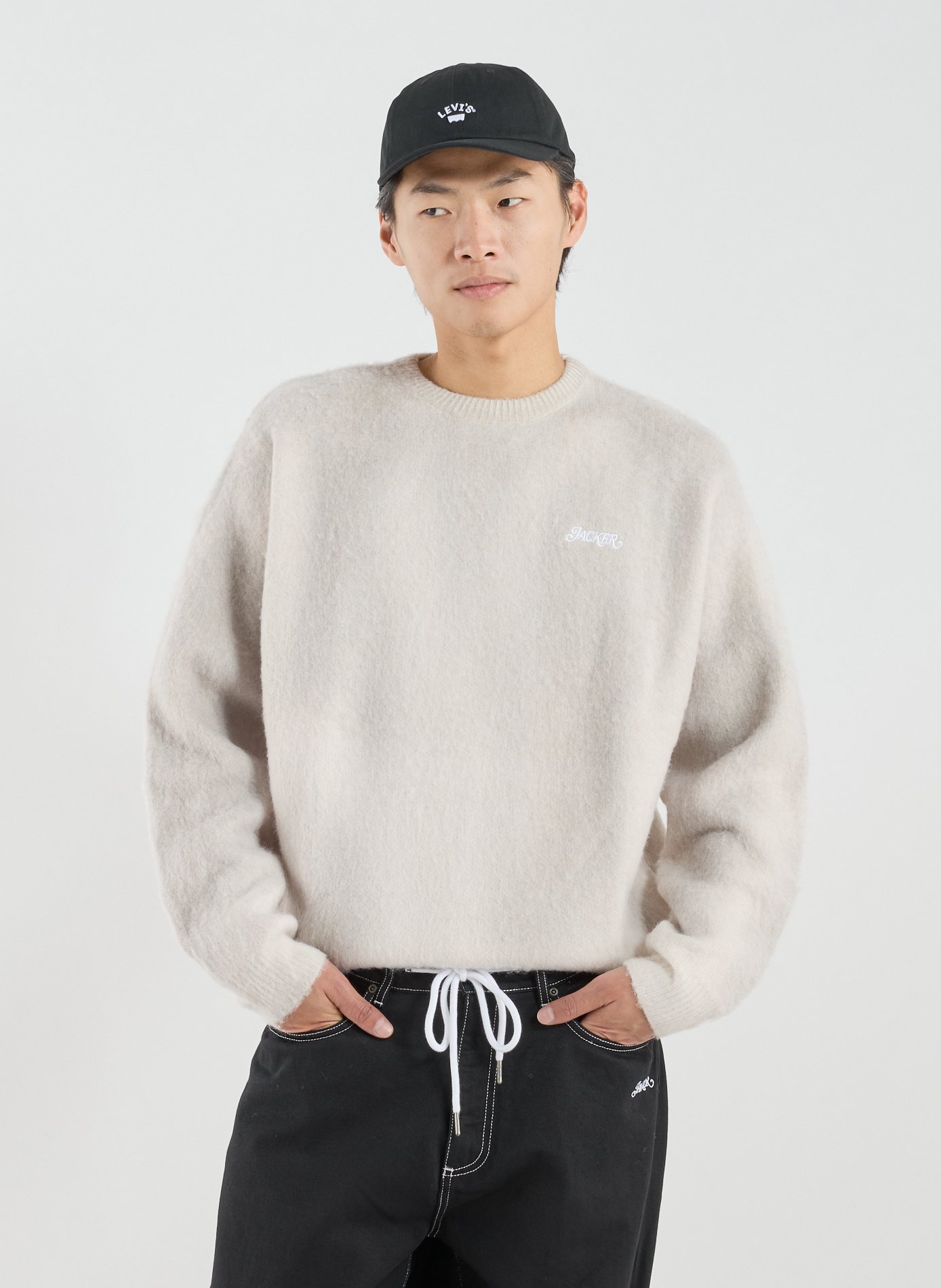 Fluffy straight fit round neck sweater JACKER. Beige