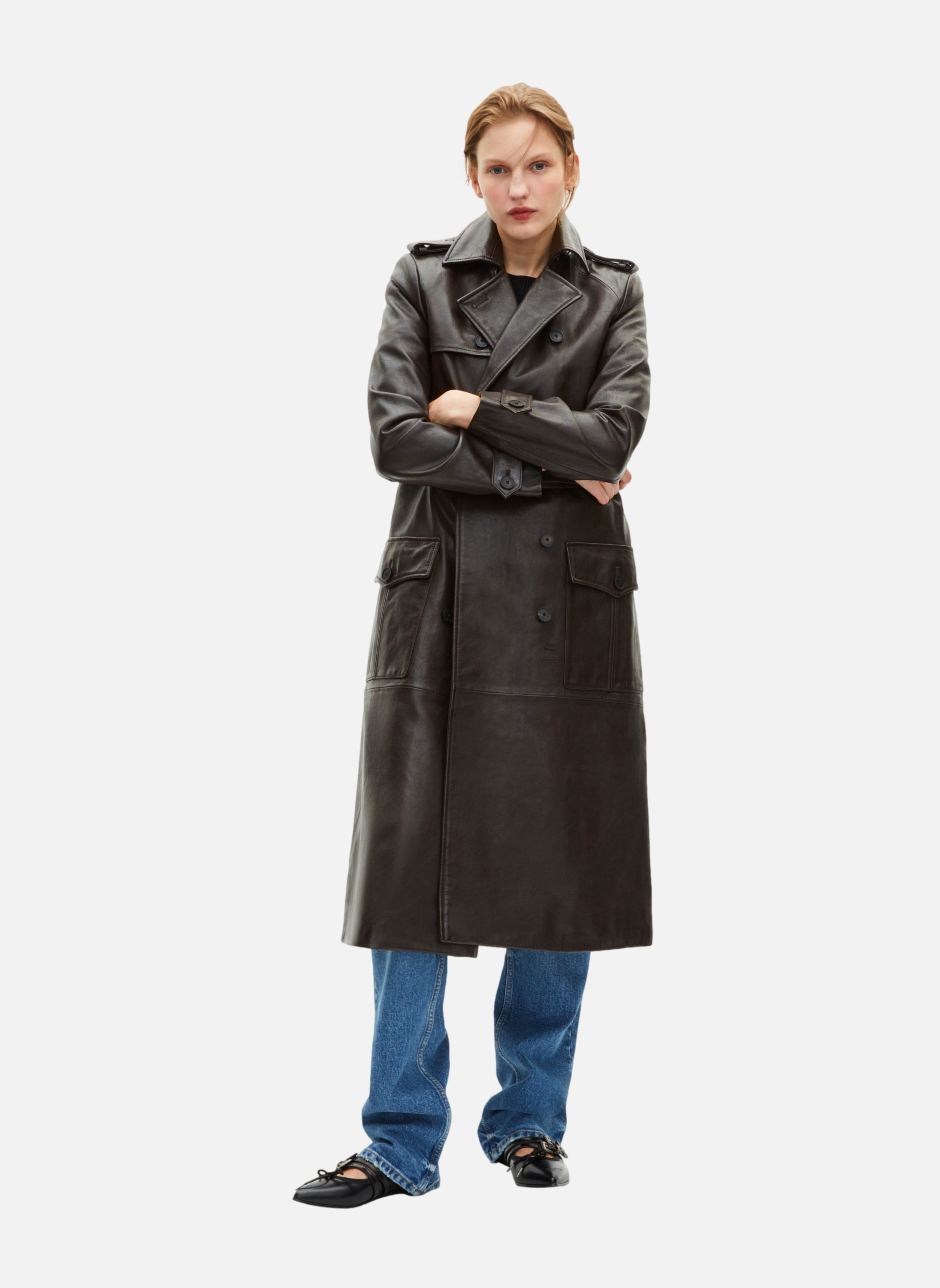 Trench long en cuir THE KOOPLES Marron