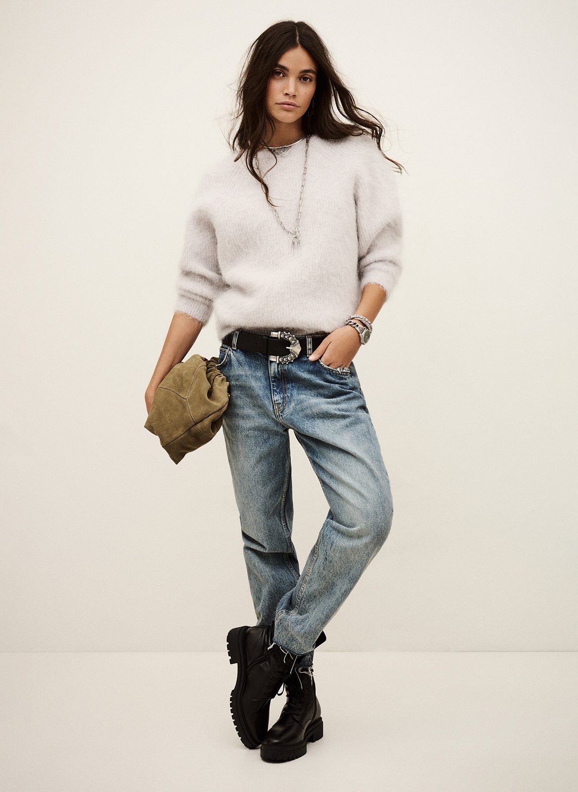 Pull oversize col rond en laine mélangée fill BA&SH Gris