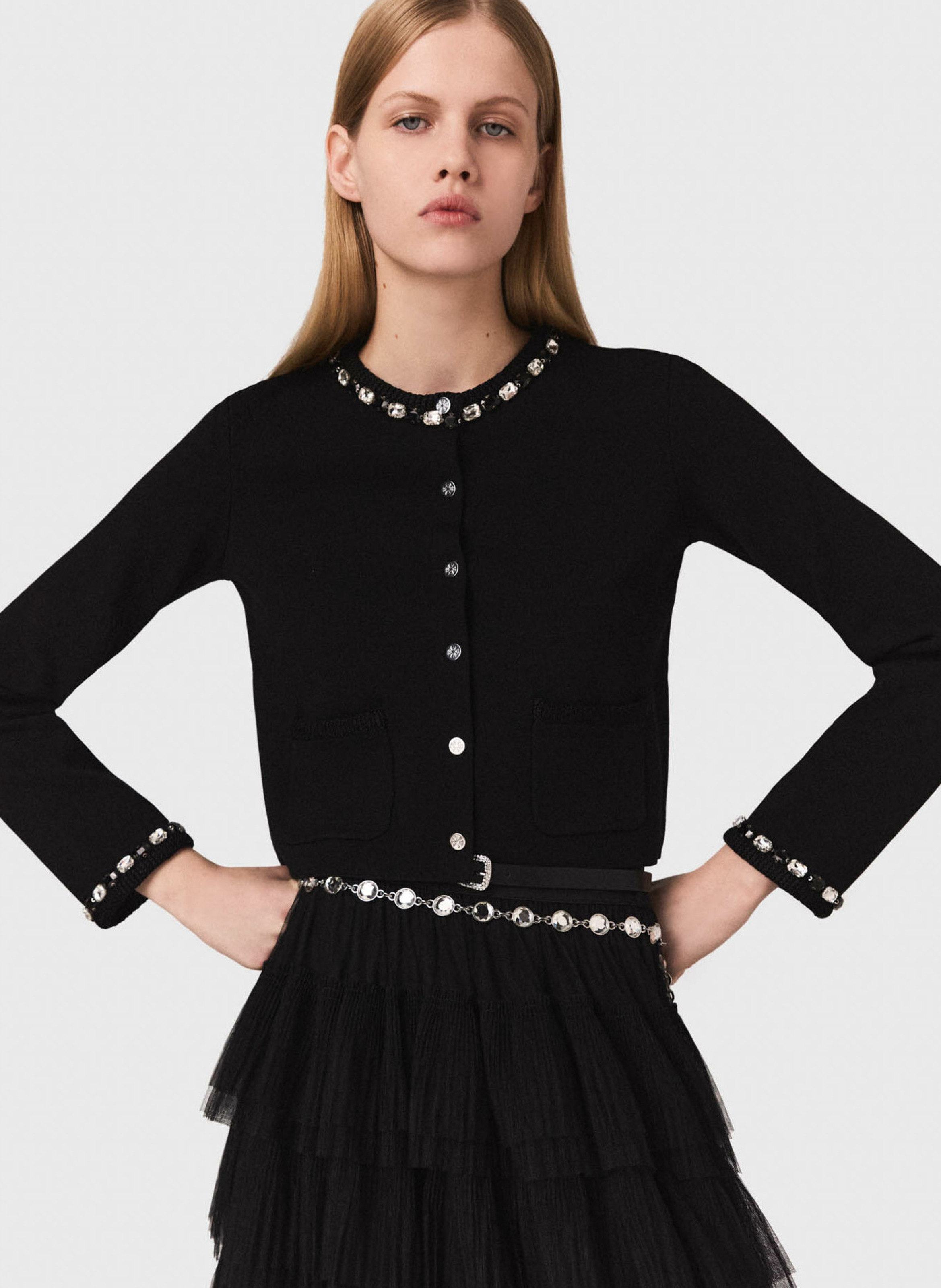 Cardigan droit col rond en maille MAJE Noir