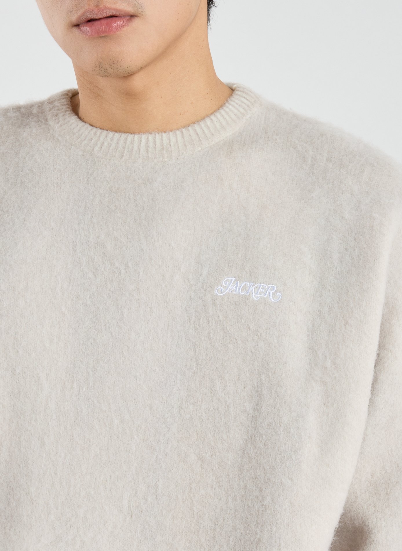 Fluffy straight fit round neck sweater JACKER. Beige