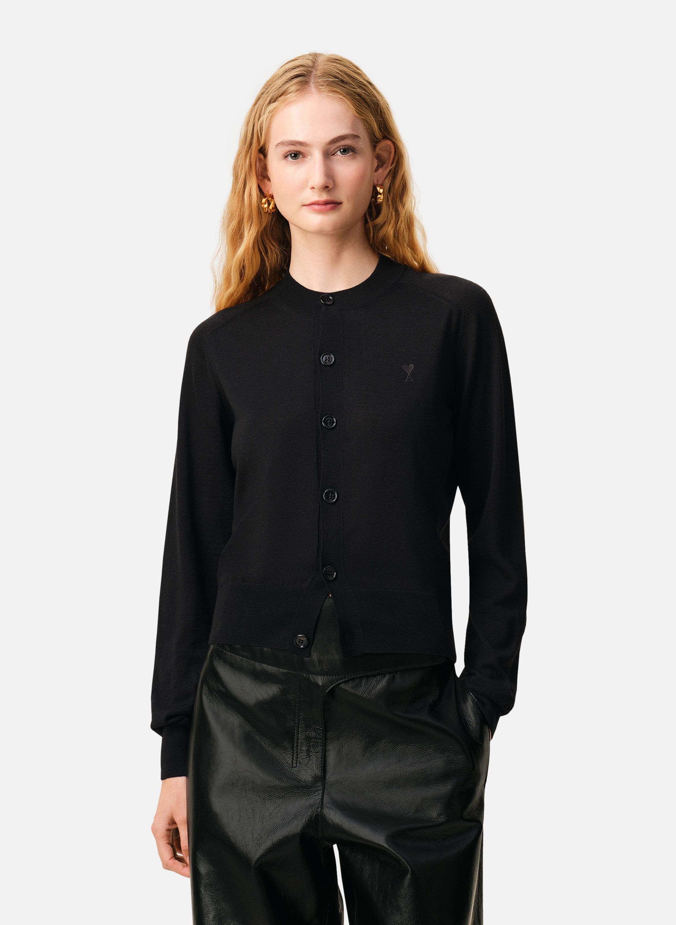 Cardigan col rond avec ami de coeur en laine AMI PARIS Noir