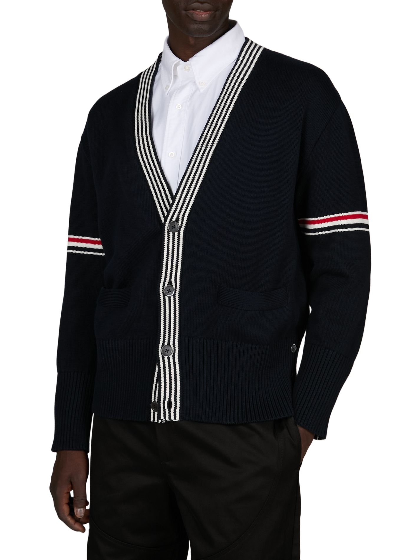 Cardigan droit en maille de coton THOM BROWNE Bleu