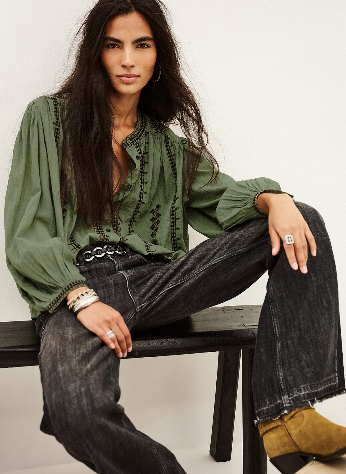 Oversized blouse met ronde hals en geborduurd katoen mona. | Groen BA&SH Dames
