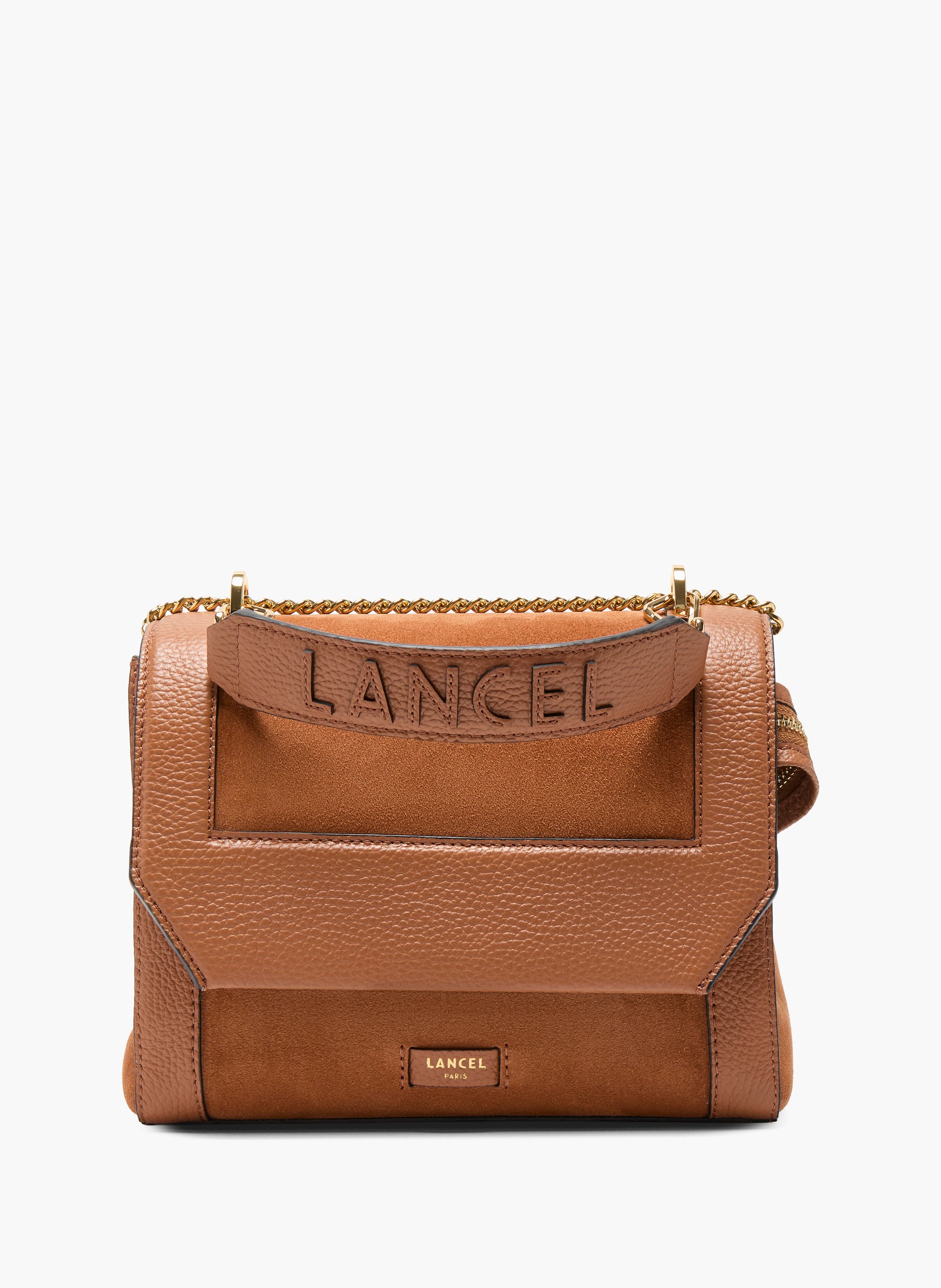 Sac à rabat ninon m de lancel en daim camel et cuir grainé LANCEL Marron