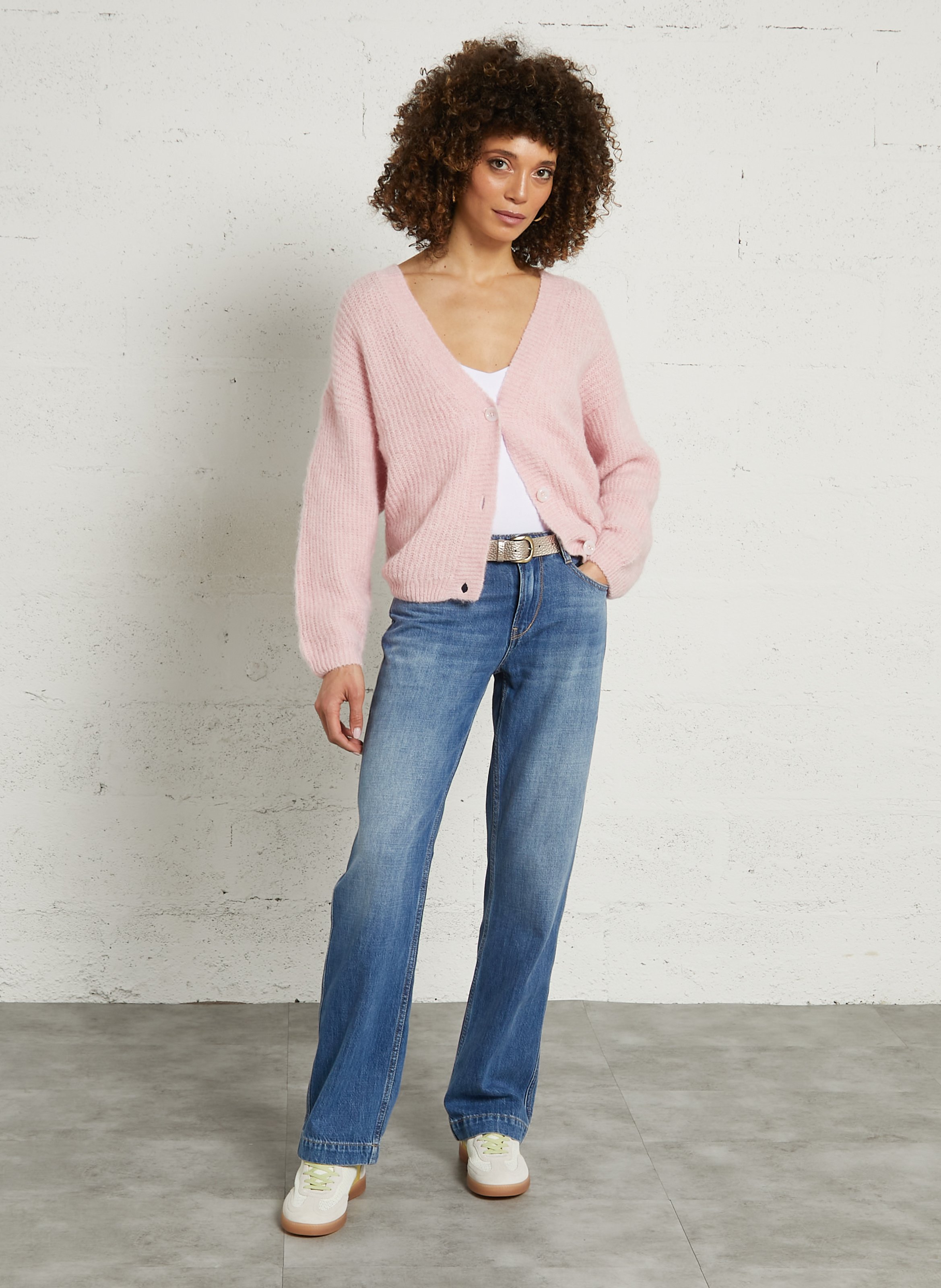 Gilet ample col v en maille mélangée east AMERICAN VINTAGE Rose