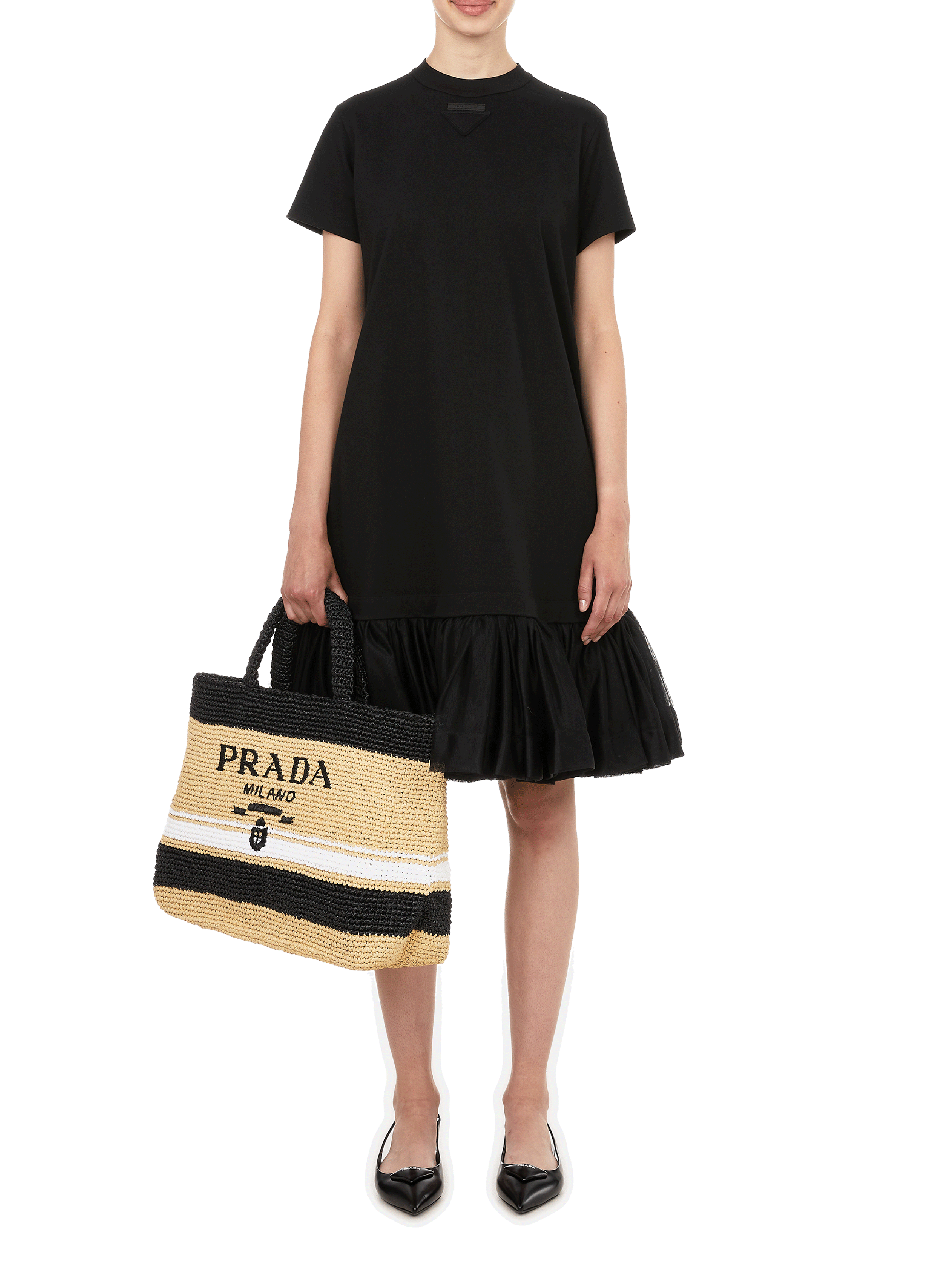 Robe t-shirt à volants en coton PRADA Noir