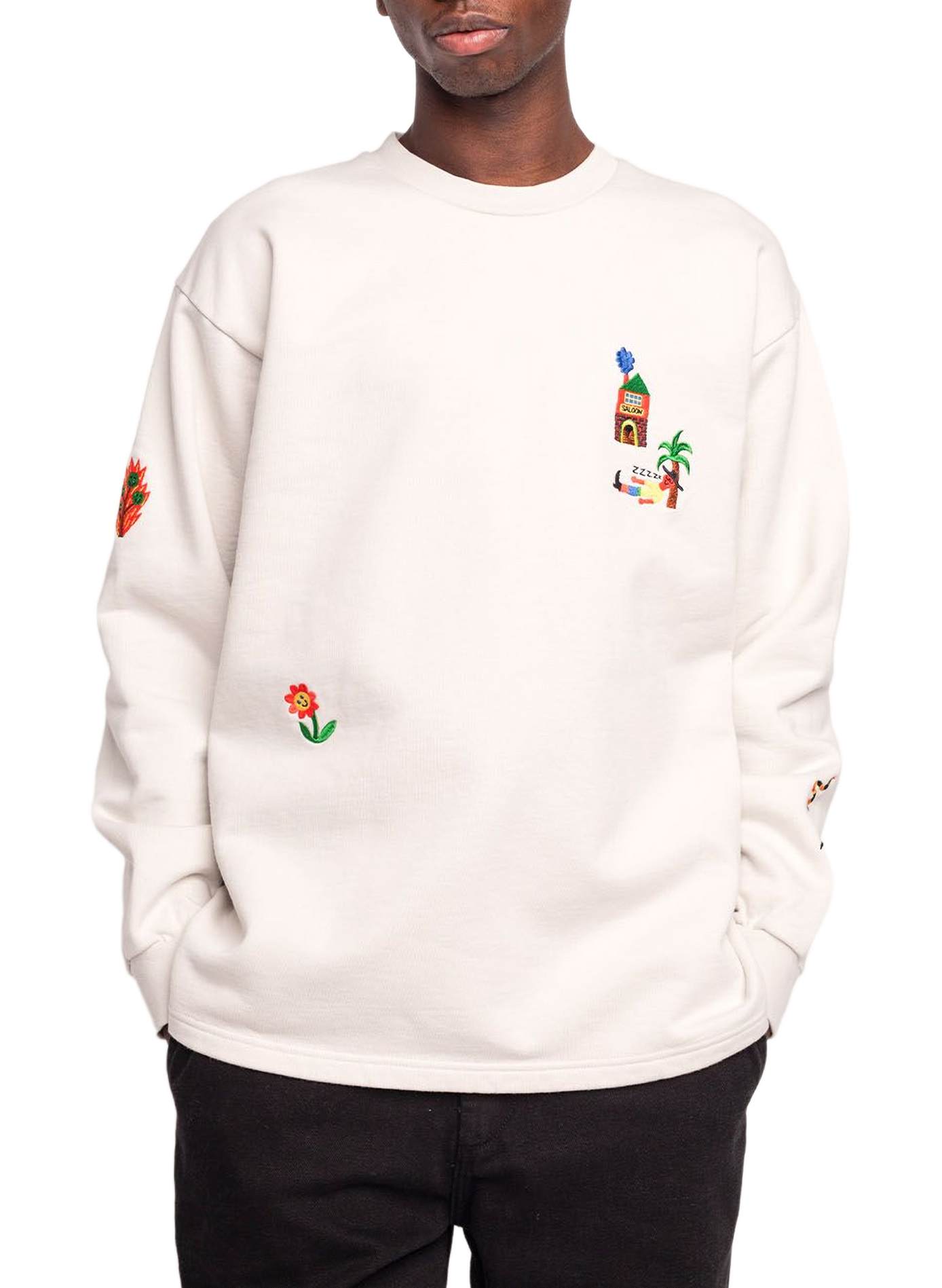 Plain straight-fit sweatshirt with embroidered motifs OLOW Grey