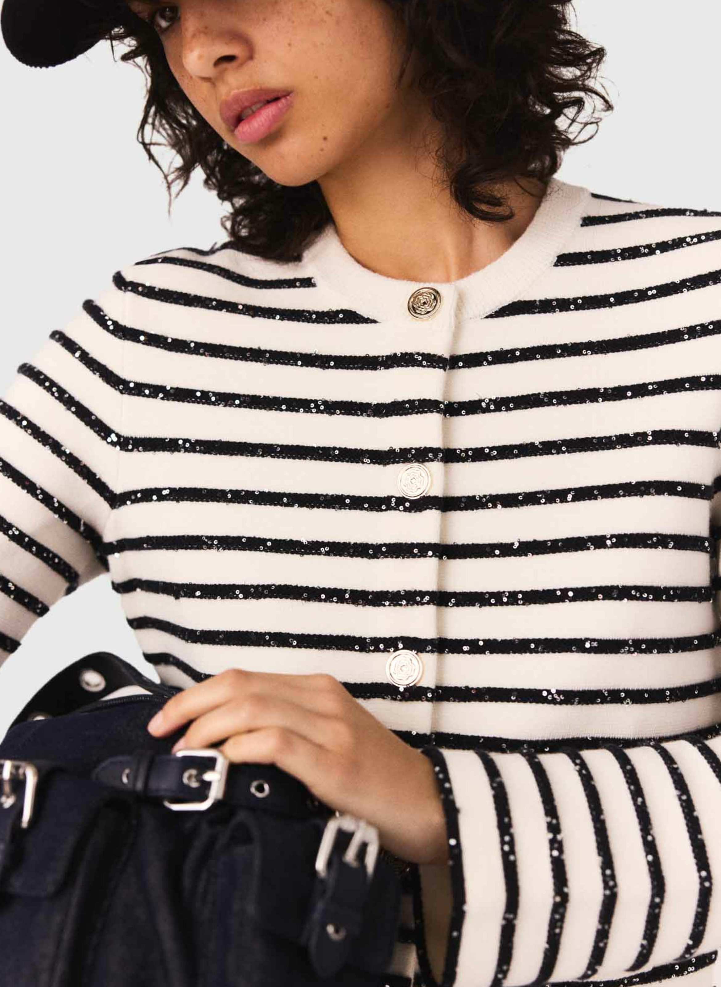 Gilet col rond rayé MAJE Blanc