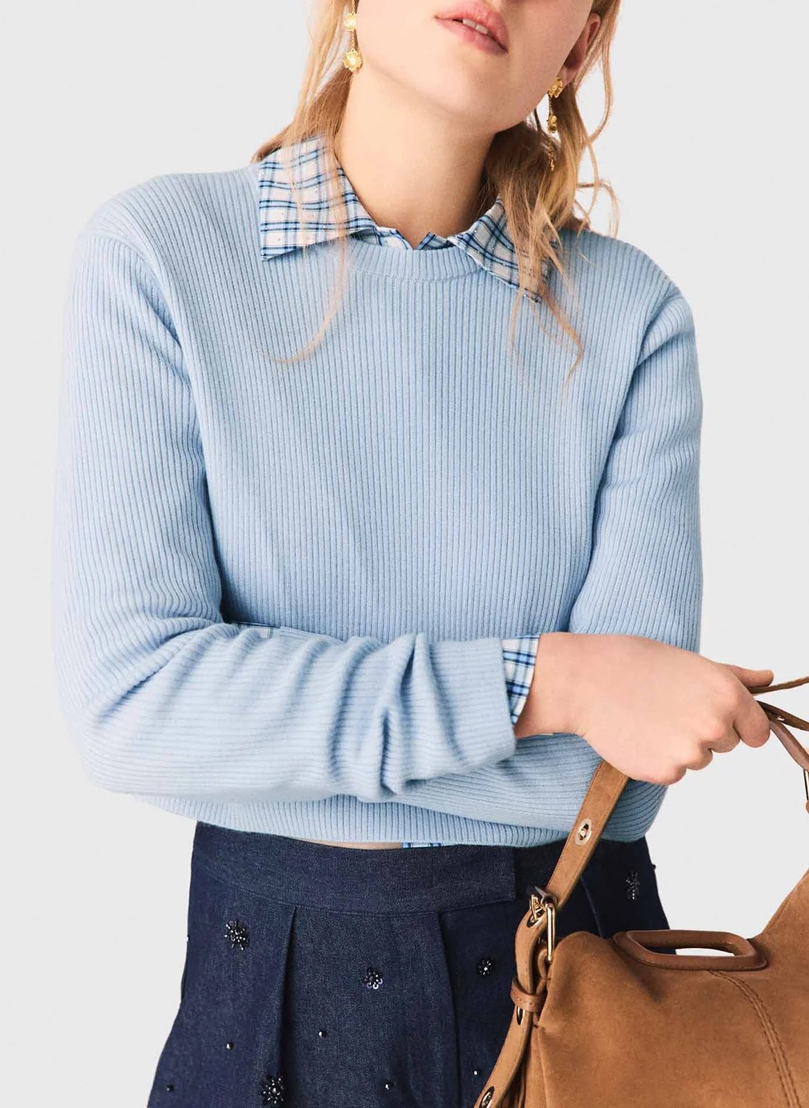 Pull côtelé uni en laine MAJE Bleu