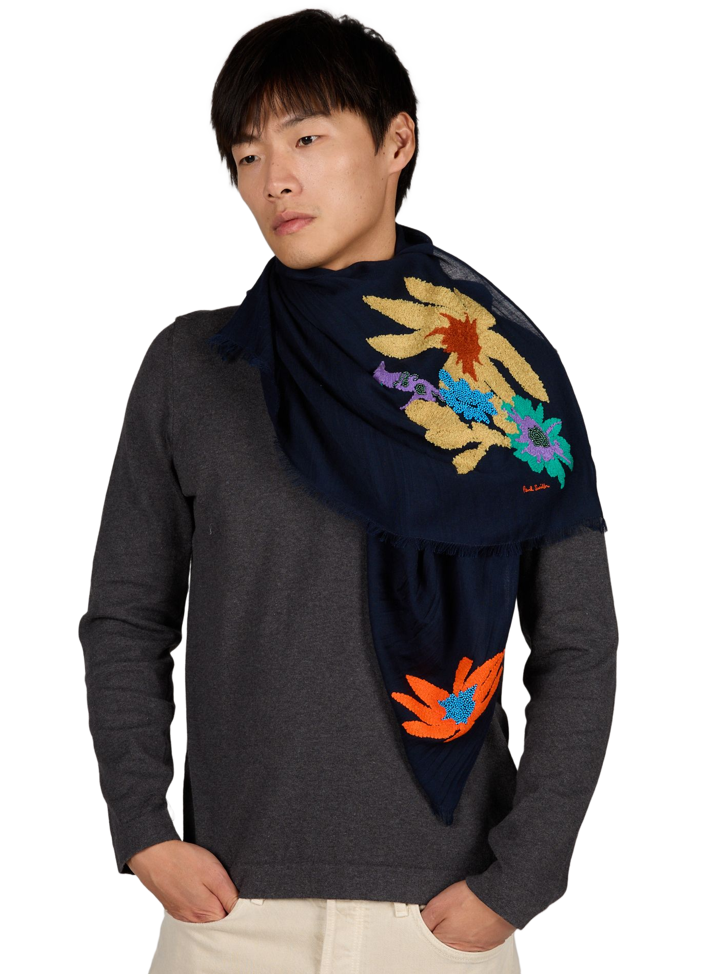 Wool scarf with embroidered flower details PAUL SMITH Blue