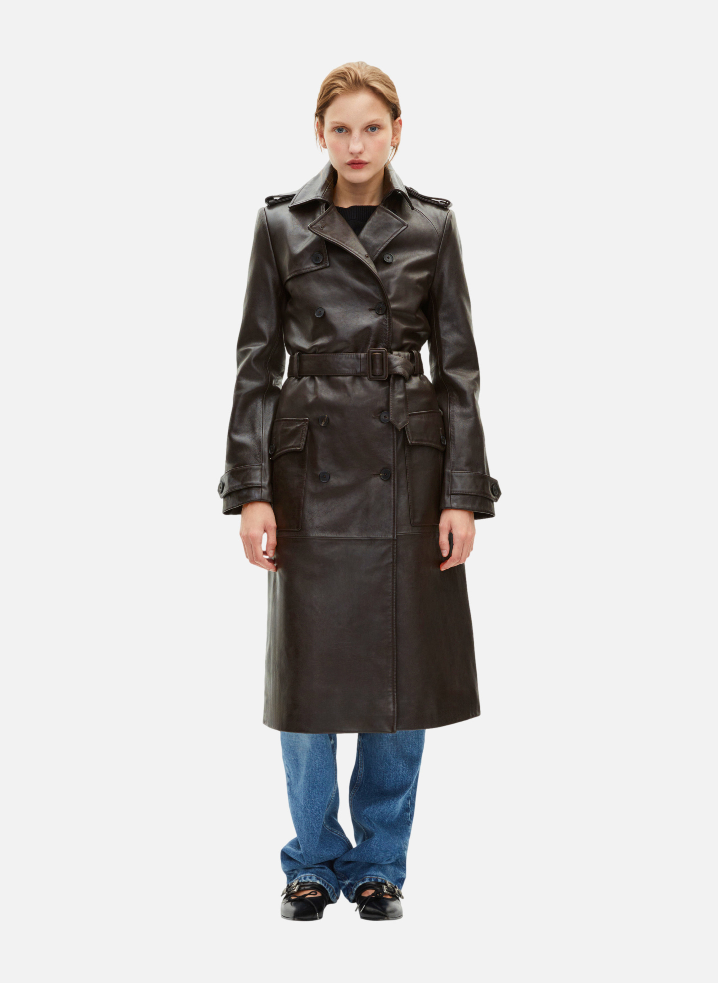 Trench long en cuir THE KOOPLES Marron