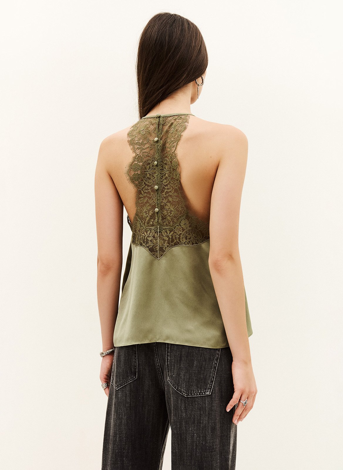 Top sans manches satin à dentelle corina BA&SH Kaki
