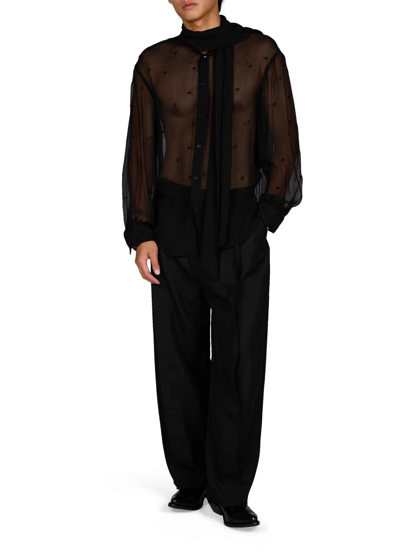 Shirt with embroidered silk lavallière collar ALAINPAUL Black