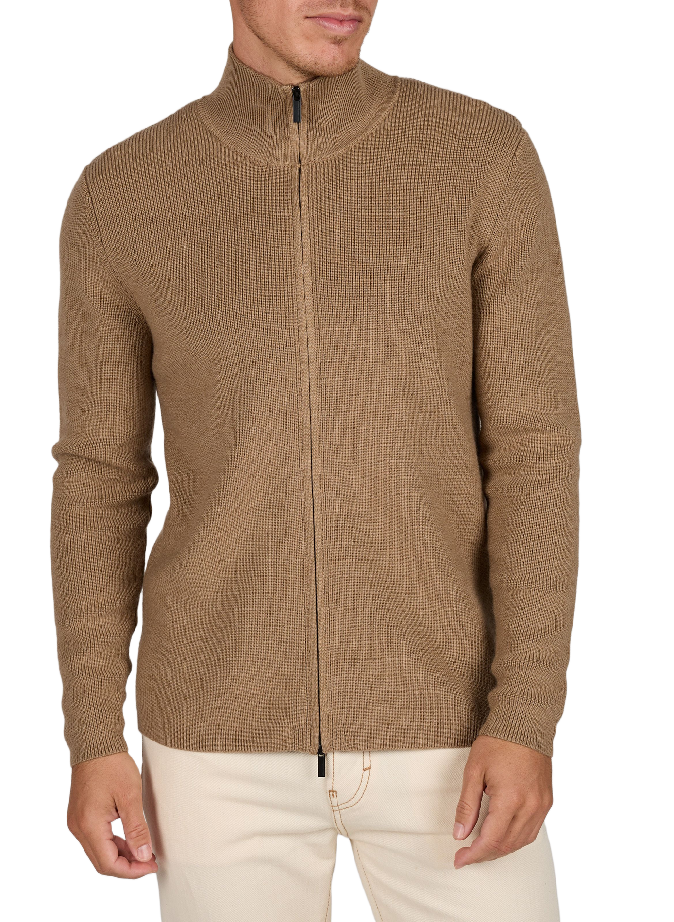 Gerade geschnittene Strickjacke aus Wolle mit Reißverschluss KNOWLEDGE COTTON Beige
